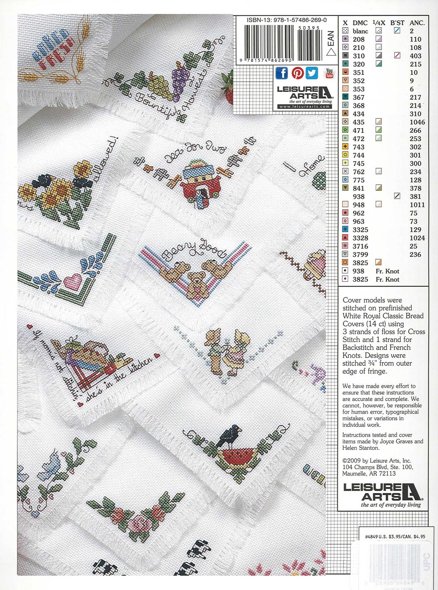 The 25 Bread Cloths Digital Download by Leisure Arts shows a grid of white cross-stitched squares on 14 count aida with colorful kitchen-themed designs. A color chart and floss key are included along the right side of the image.
