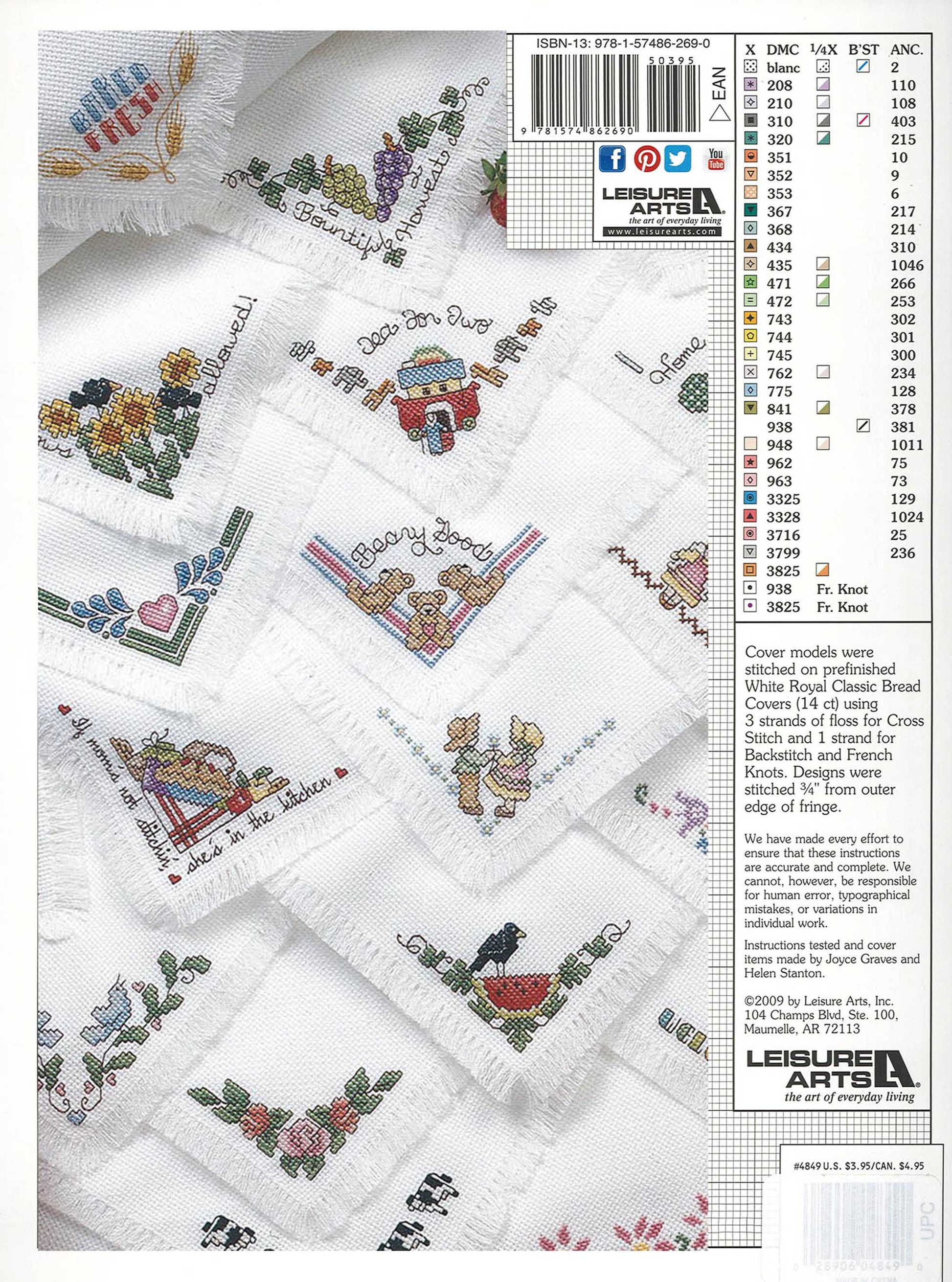 The 25 Bread Cloths Digital Download by Leisure Arts shows a grid of white cross-stitched squares on 14 count aida with colorful kitchen-themed designs. A color chart and floss key are included along the right side of the image.