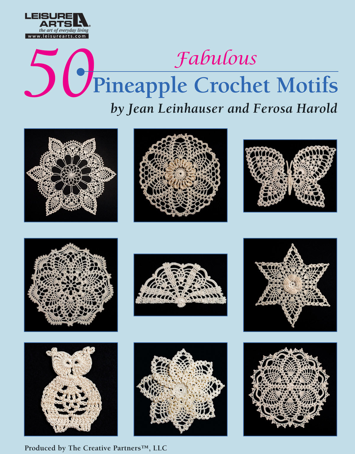 Leisure Arts’ 50 Fabulous Pineapple Crochet Motifs book cover shows nine intricate beige crochet motifs in a 3x3 grid on black, with blue and pink title text above.