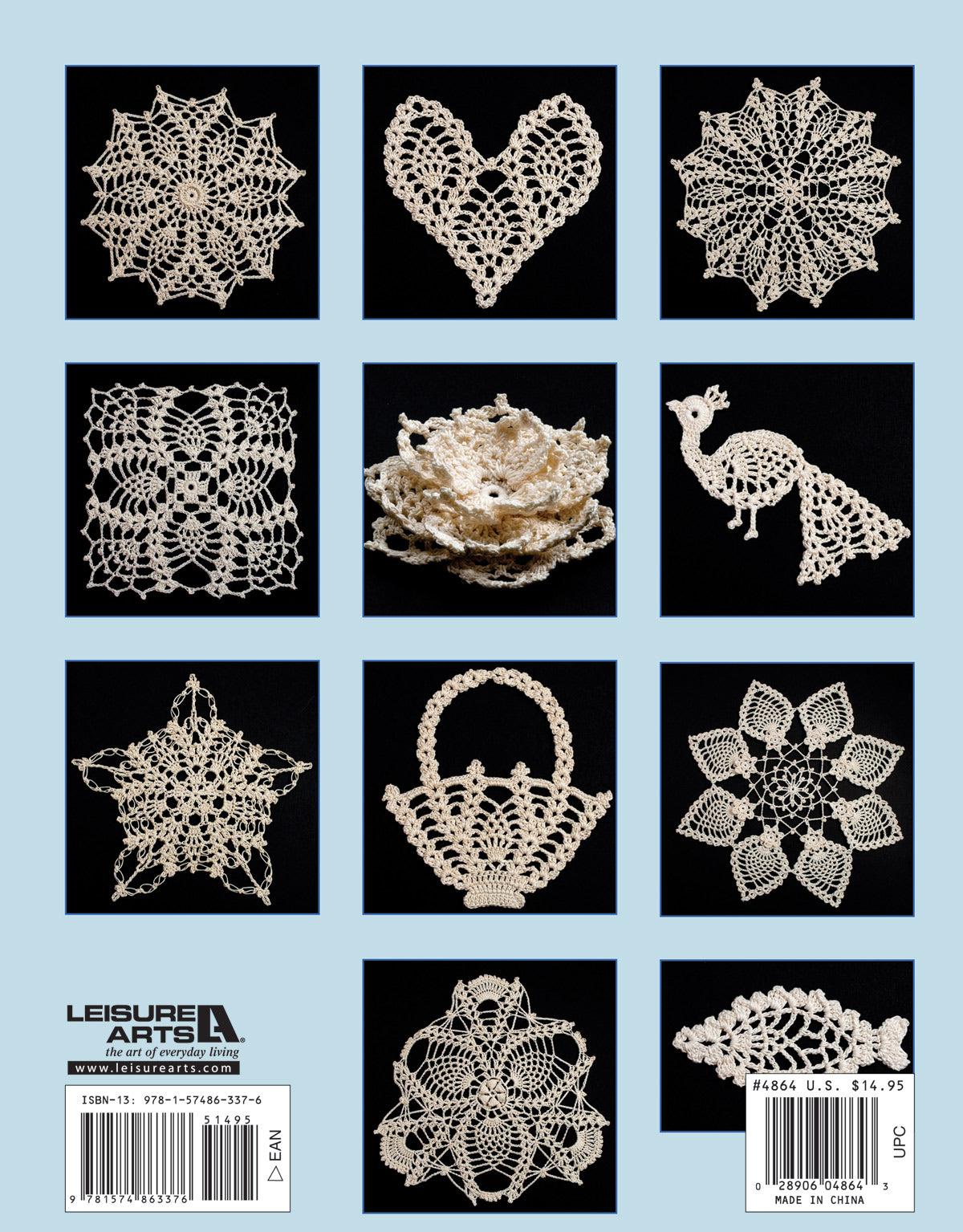 A grid of twelve pineapple-themed crochet lace motifs from "50 Fabulous Pineapple Crochet Motifs" by Leisure Arts on a blue background, featuring heart, flower, peacock, star, basket, and various circular and floral designs.