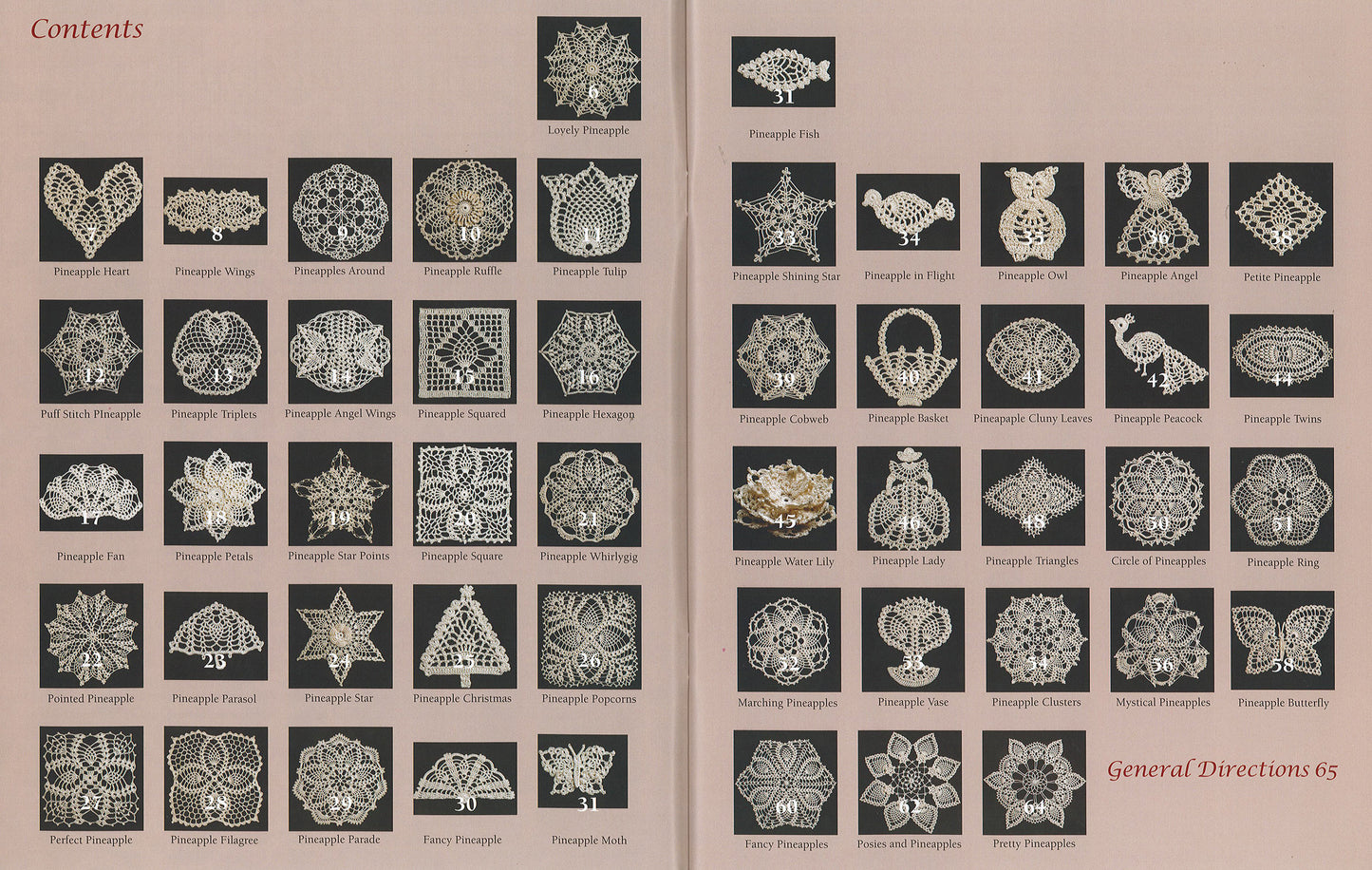 A table of contents page from “50 Fabulous Pineapple Crochet Motifs” by Leisure Arts shows small images of pineapple-themed crochet patterns—Christmas tree and owl designs included—each named and arranged neatly on a pink grid.