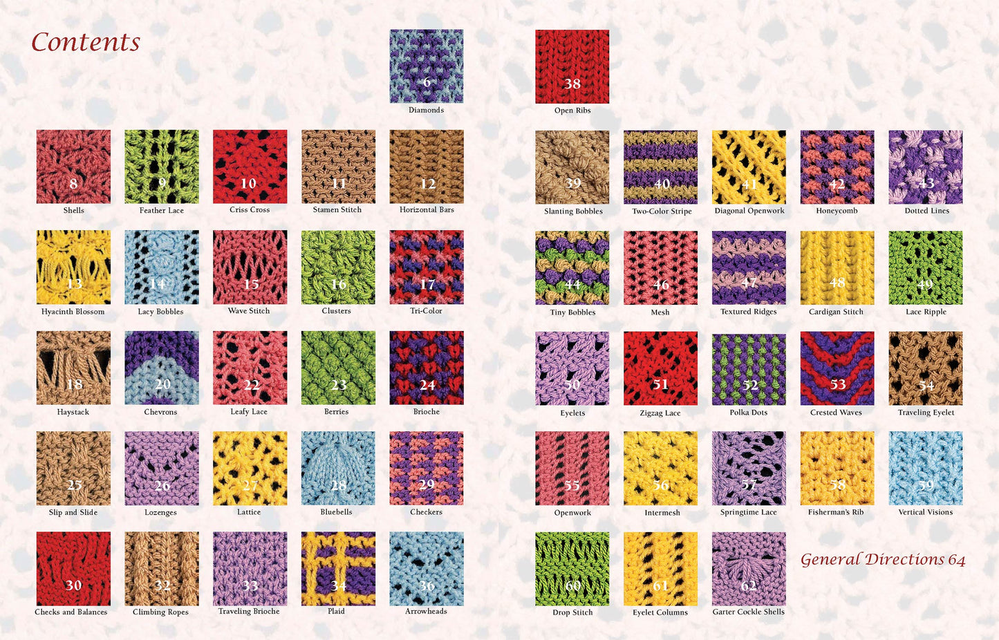 A contents page showcasing 50 vibrant knit garter stitch samples from "50 Fabulous Knit Garter Stitches" by Leisure Arts, each in a numbered square with its name, displaying textured designs on a light, speckled background.