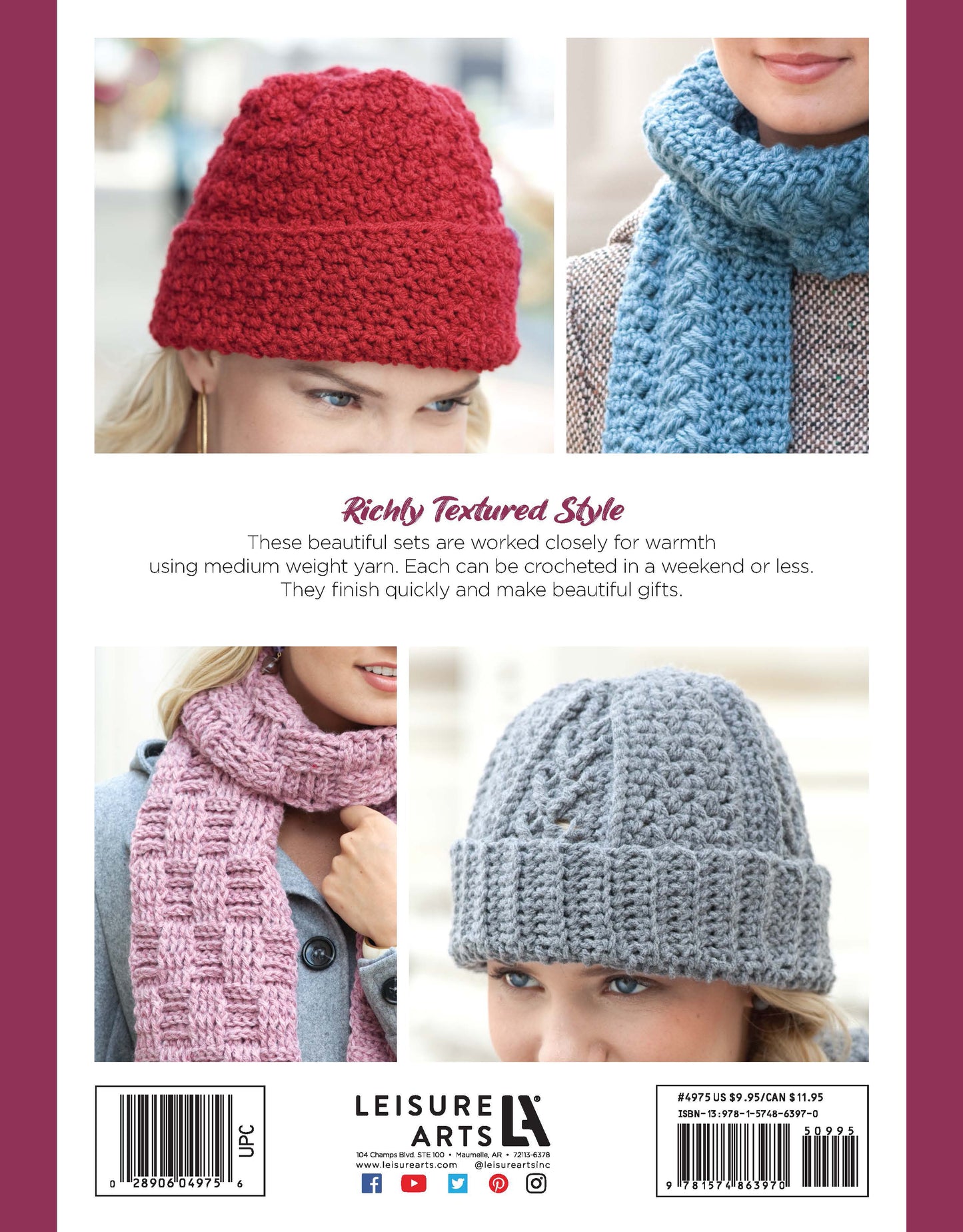 Three women model chunky, patterned hats and scarves featured in the Noggins And Necks Digital Download by Leisure Arts—ideal for intermediate crochet projects. The display has a white background with maroon borders.