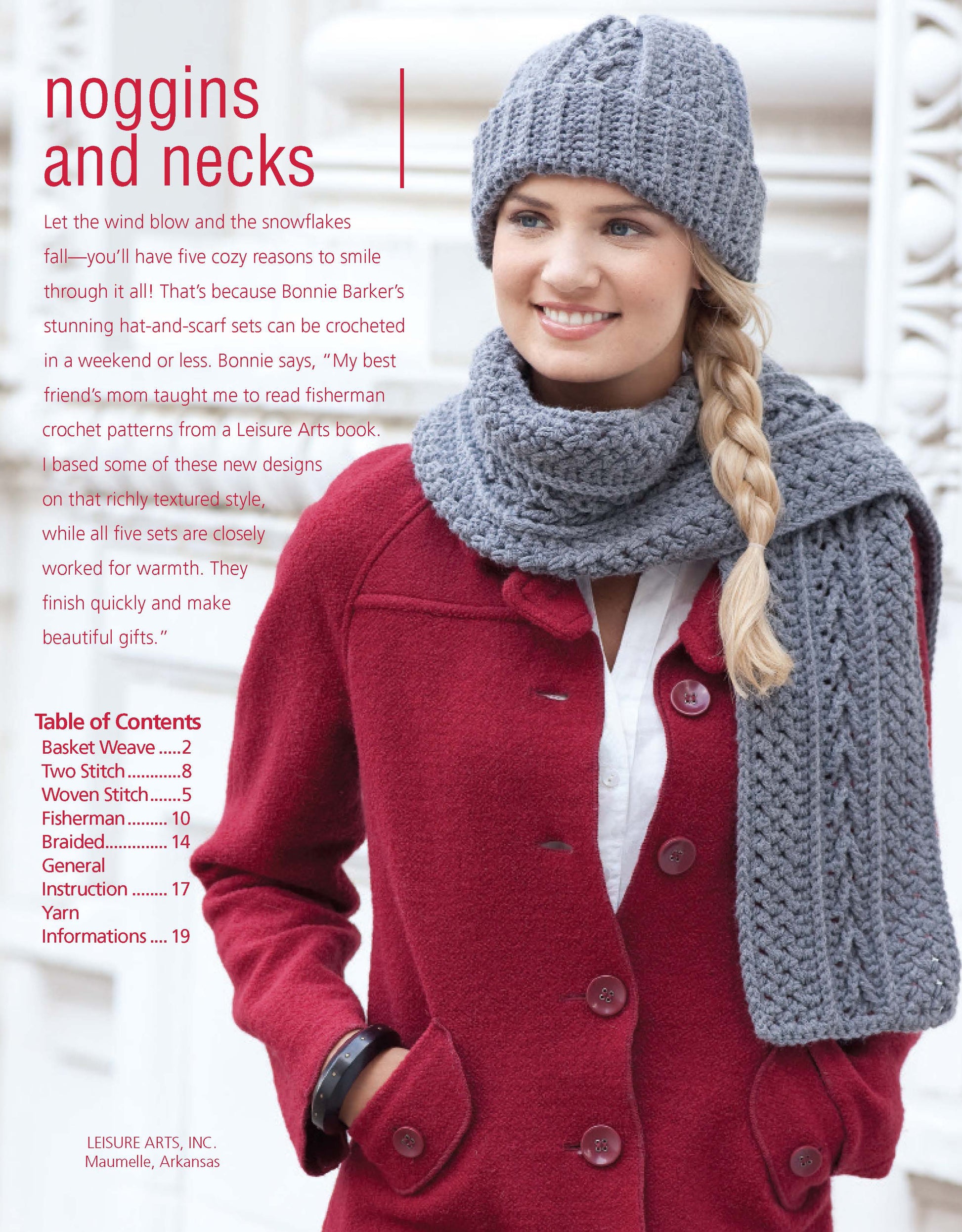 A smiling woman in a gray knit hat and scarf stands outside in a red coat. Text introduces "Noggins And Necks Digital Download" by Leisure Arts, an intermediate crochet pattern booklet with a table of contents.