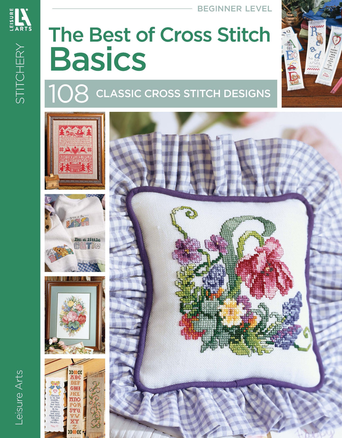 The Best of Cross Stitch Basics by Leisure Arts features a floral pillow and home decor crafts on the cover, with 108 classic cross stitch patterns ideal for beginners.
