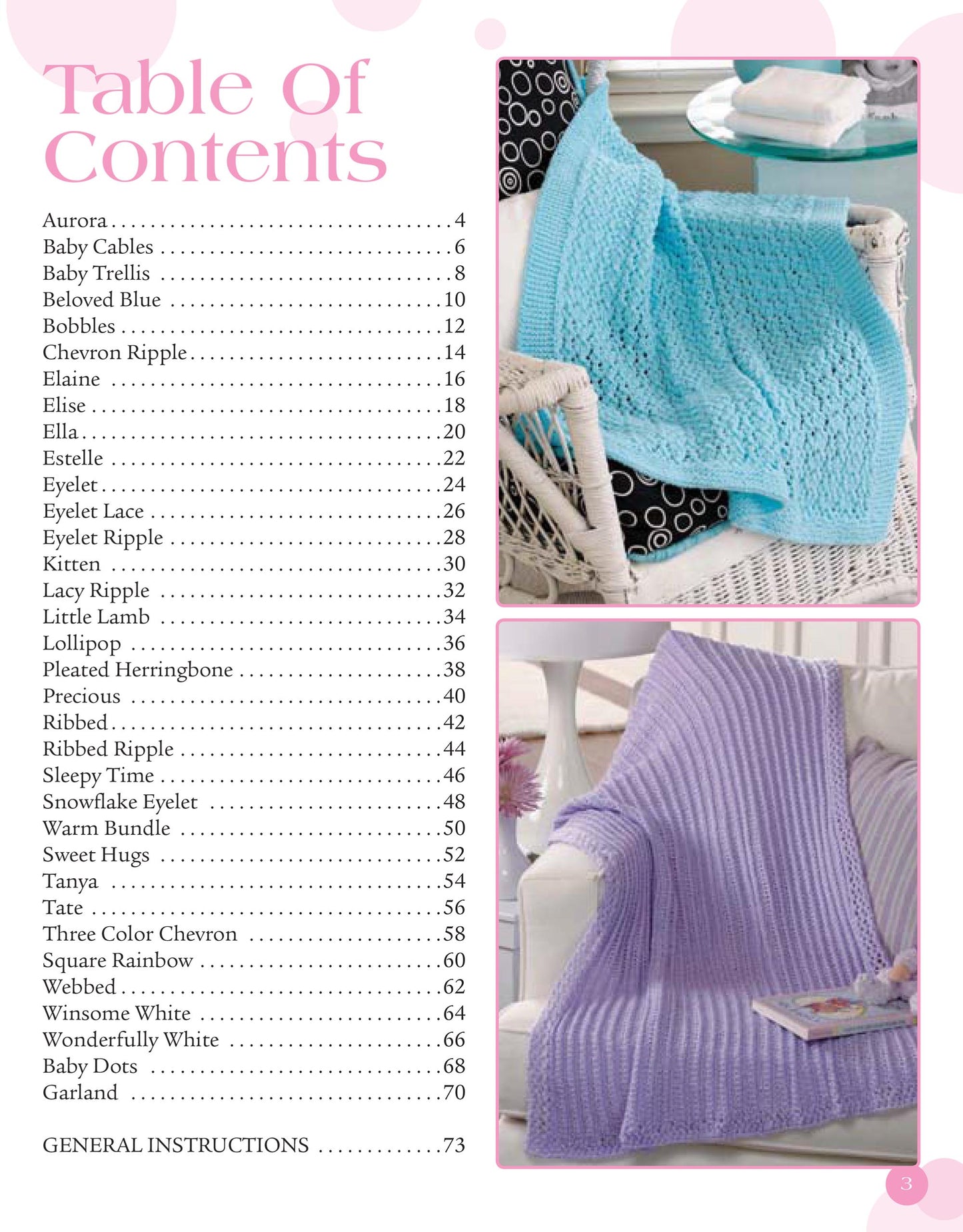 Table of contents page for "Our Best Knit Baby Afghans, Book 2" by Leisure Arts, featuring step-by-step instructions for two afghan patterns: a blue blanket on a white wicker chair and a purple one on a light chair.