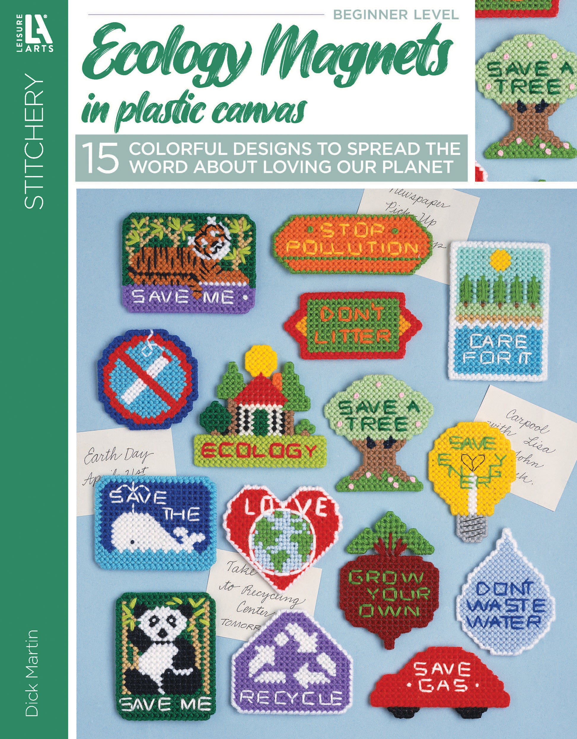 The Leisure Arts Ecology Magnets Plastic Canvas Digital Download features 15 colorful magnets with eco-friendly messages like Save Trees, Recycle, and Don't Litter—ideal for beginners and displayed on a vibrant blue background.