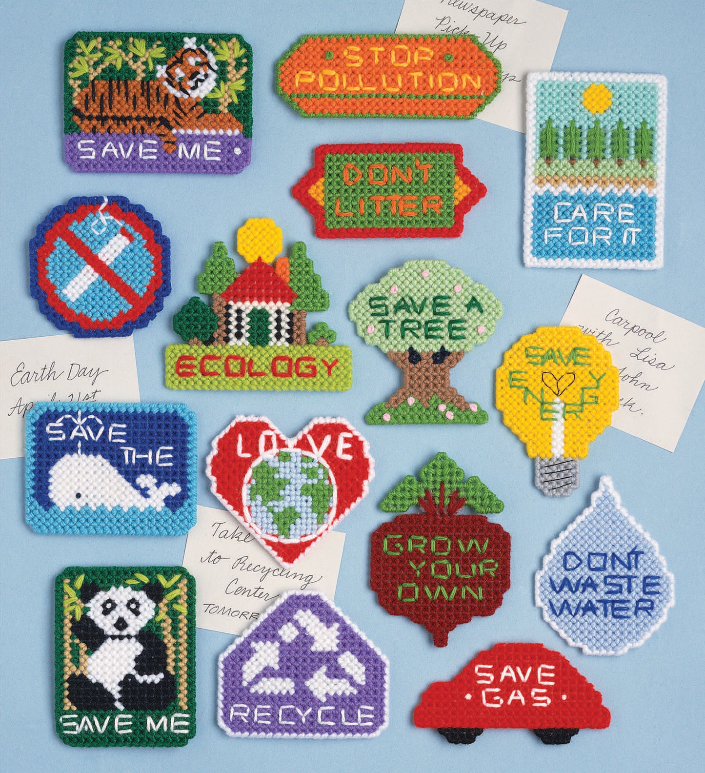 The Ecology Magnets Plastic Canvas Digital Download from Leisure Arts features beginner-friendly needlepoint patches and magnets with eco messages like Save Me, Recycle, and Grow Your Own, plus designs of pandas, cars, globes, trees, and nature scenes.