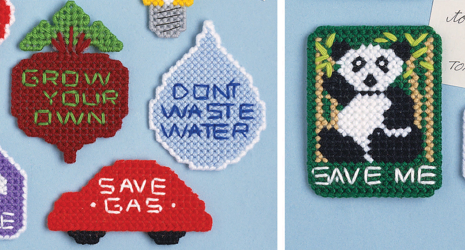 Leisure Arts' Ecology Magnets Plastic Canvas Digital Download features beginner-friendly needlepoint patches—beet (Grow Your Own), droplet (Don't Waste Water), car (Save Gas), panda (Save Me)—ideal for crafts and fridge décor.