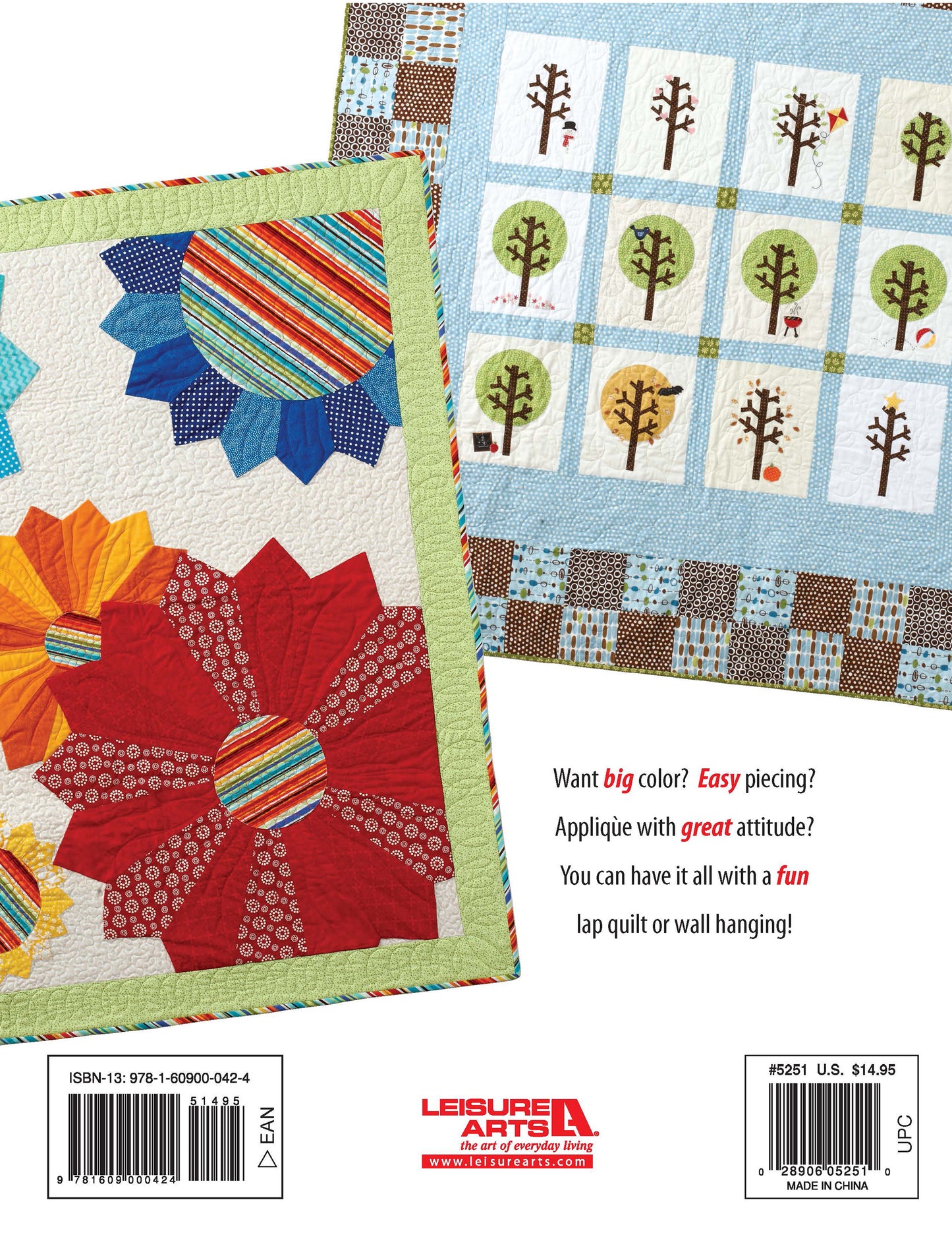 Big Fun with a Little Fabric by Leisure Arts features two quilt designs: bold flower appliqué quilts with striped and solid petals, and a grid of tree motifs. The cover includes promotional text and book details on a white background.