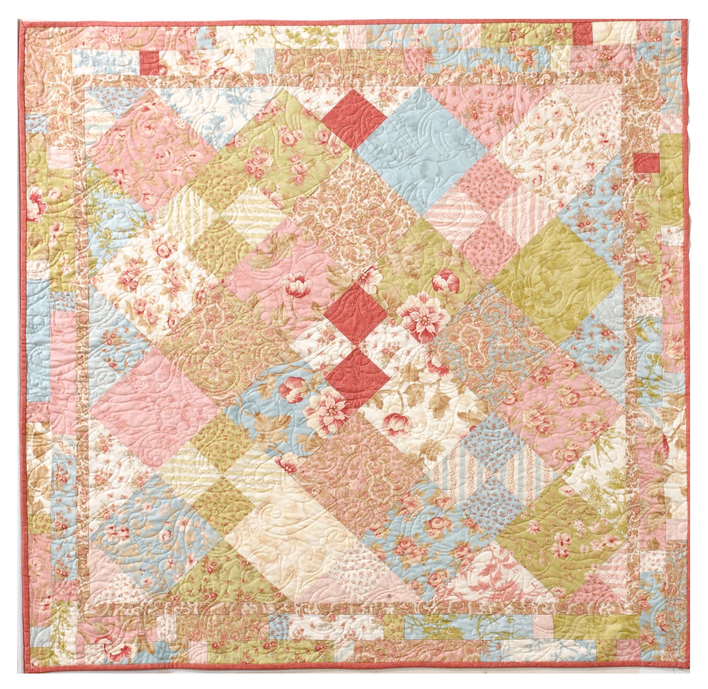 Discover inspiration for fat quarter-friendly quilt patterns in "Big Fun with a Little Fabric" by Leisure Arts, featuring square quilts with pastel patchwork in pink, green, blue, and cream with floral and geometric designs in a diamond layout.