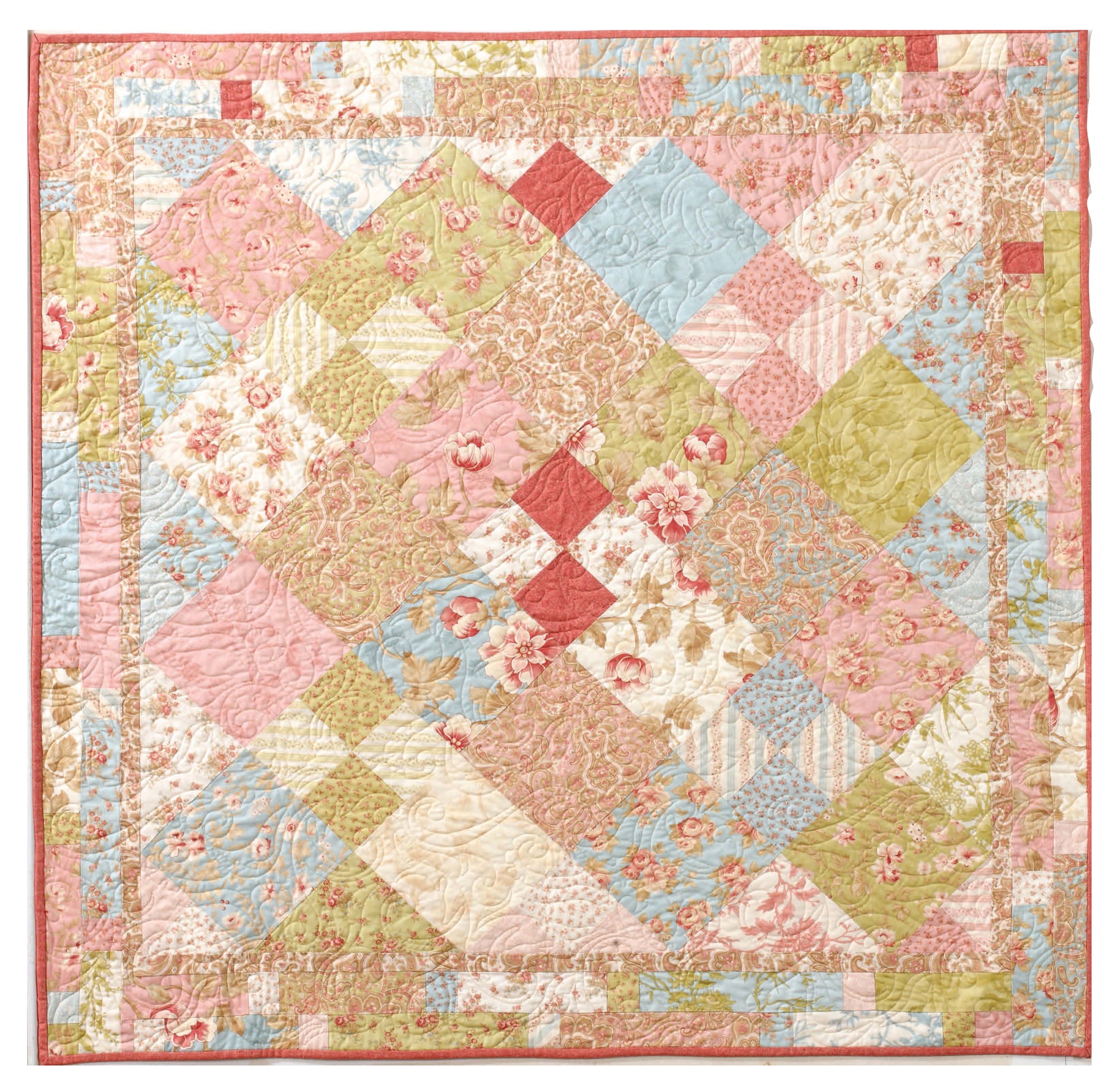 Discover inspiration for fat quarter-friendly quilt patterns in "Big Fun with a Little Fabric" by Leisure Arts, featuring square quilts with pastel patchwork in pink, green, blue, and cream with floral and geometric designs in a diamond layout.