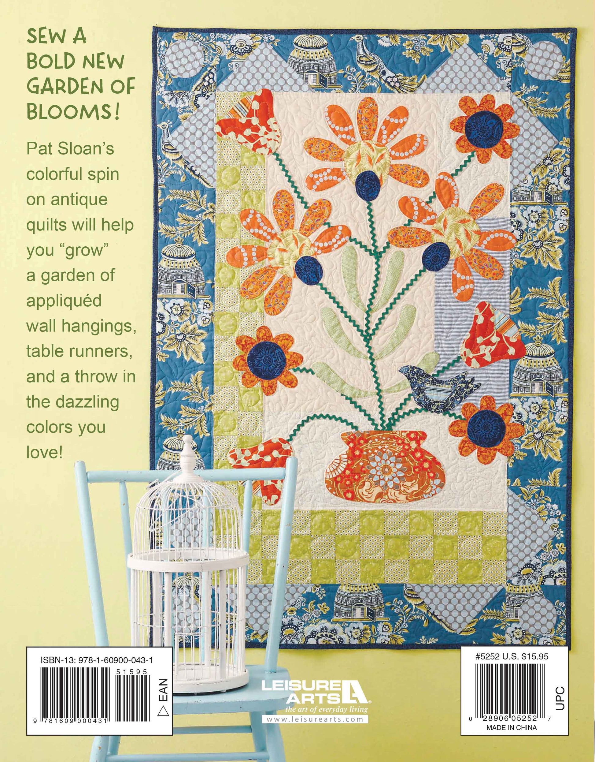 Appliqué a Garden by Leisure Arts features a vibrant quilted wall hanging with orange flowers on a blue-patterned wall, a light blue chair, and white birdcage. Informative text on quilting and appliqué projects appears on the left.