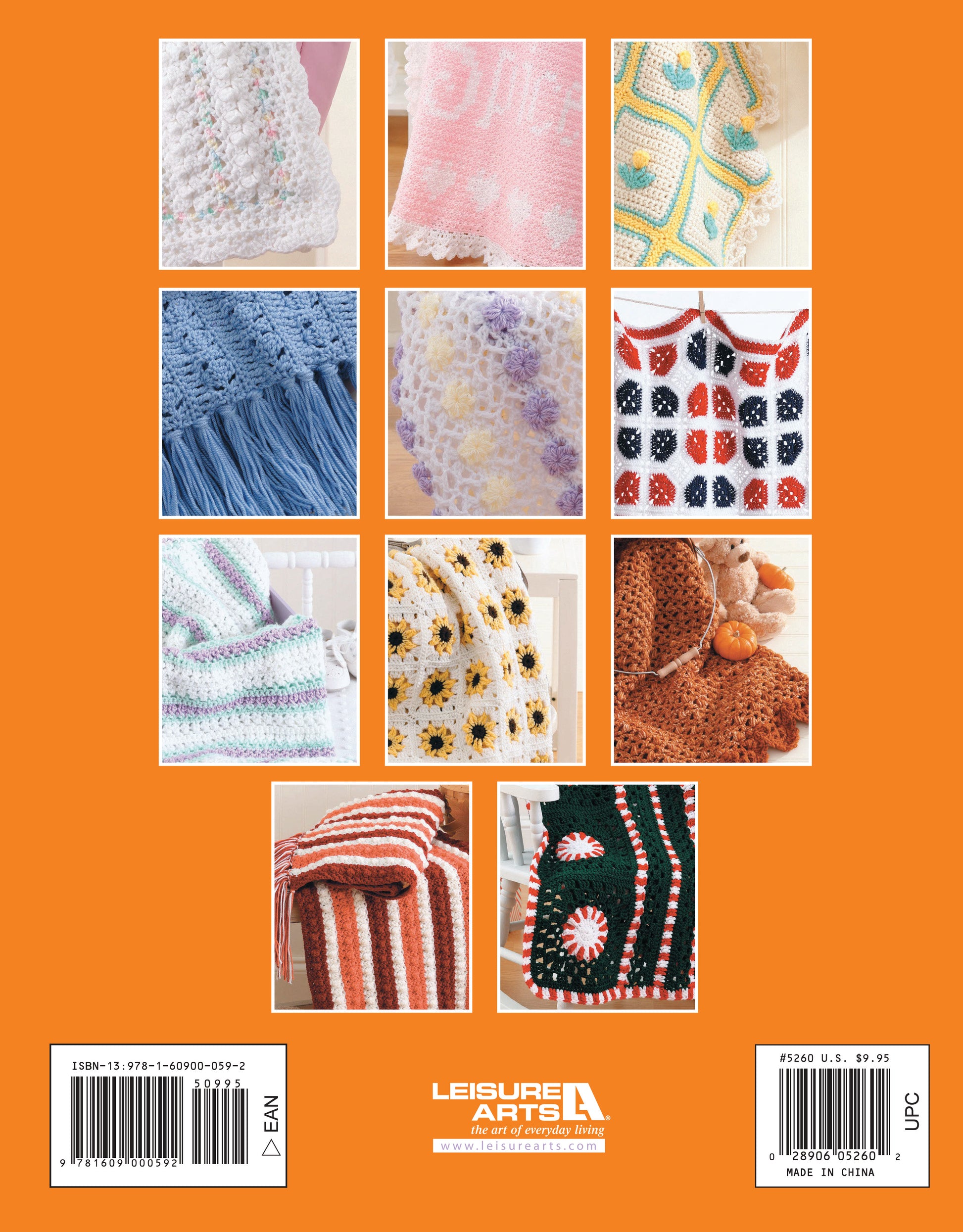 A vibrant grid of ten baby afghan crochet designs from "A Year of Baby Afghans, Book 5" by Leisure Arts, featuring stripes, flowers, granny squares, and textured stitches—perfect for inspiring your next baby blanket project.