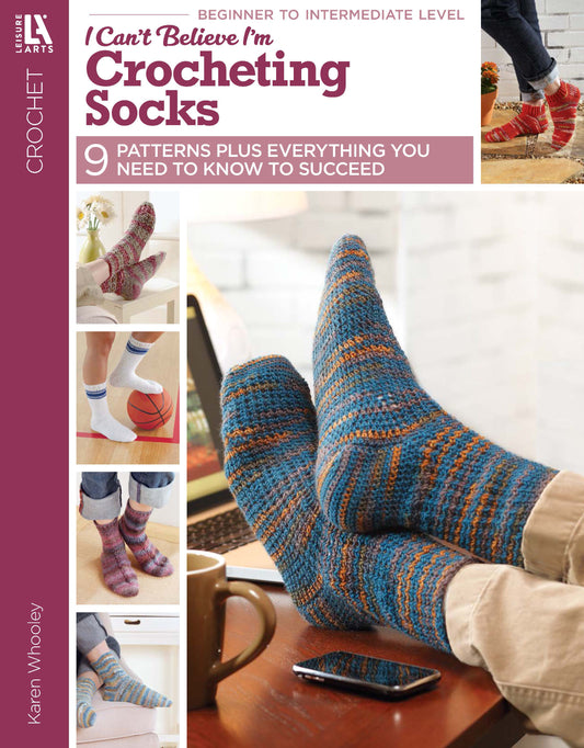 The Leisure Arts "I Can't Believe I'm Crocheting Socks" Digital Download features a cover with blue and orange crocheted socks and smaller sock patterns, offering 9 beginner to intermediate crochet sock designs.