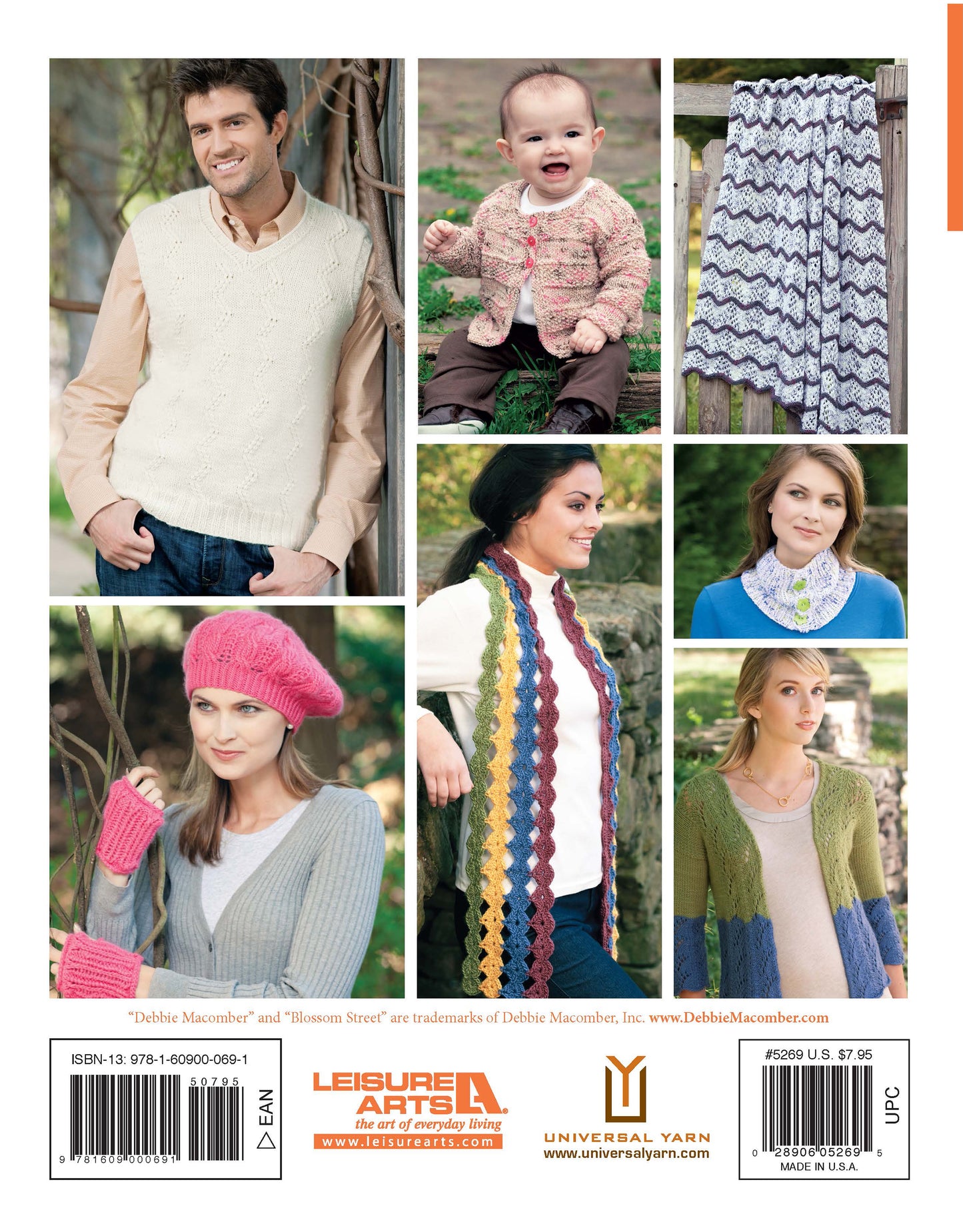 A collage showcases seven people modeling easy projects from Blossom Street Collection Book 2 by Leisure Arts—vests, a baby outfit, zigzag skirt, scarf, lacy collar, and pink beret and mitts—perfect for practicing step-by-step instructions.