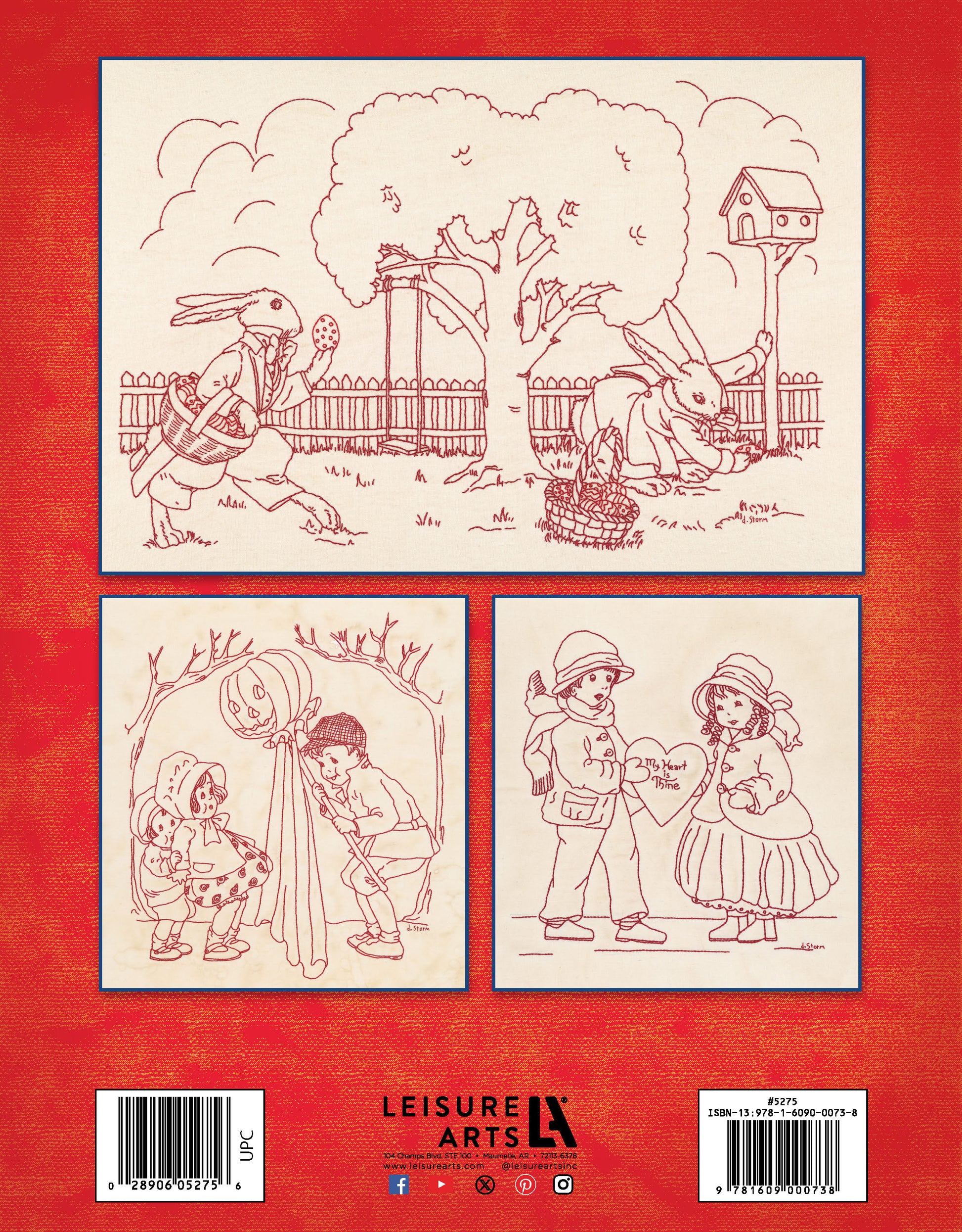 Happiness and Cheer Redwork Through the Year by Leisure Arts features vintage-style line art: rabbits on an Easter egg hunt, children under a balloon tree, and a boy giving a flower to a girl with folk-art patterns. Includes Leisure Arts logo and barcodes.