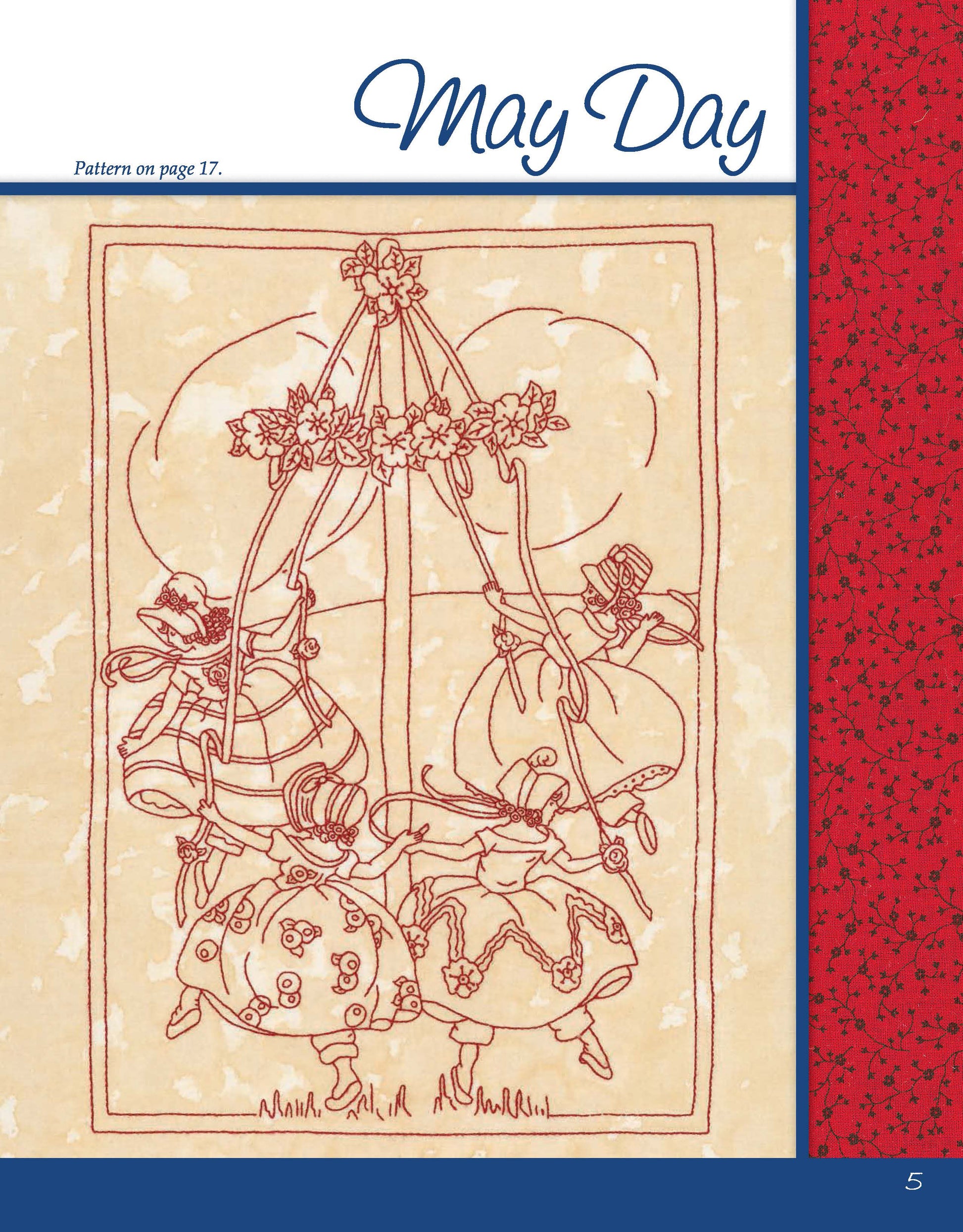 Line drawing from Leisure Arts' "Happiness and Cheer Redwork Through the Year": five children in old-fashioned clothing dance around a Maypole under a cloudy sky. Folk-art floral red border. Text: “May Day.”.