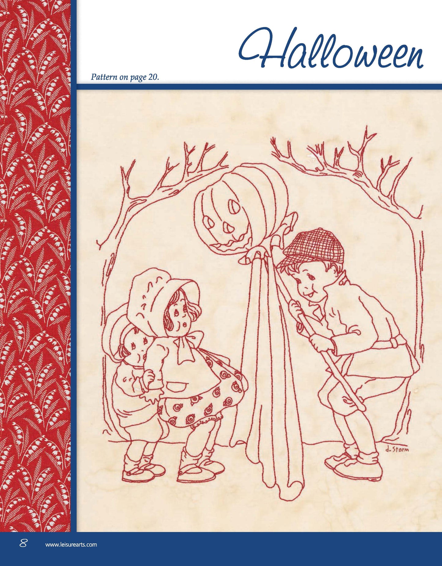 In "Happiness and Cheer Redwork Through the Year" by Leisure Arts, two children in vintage clothes admire a pumpkin head and ghost costume under trees, all illustrated in folk-art-inspired redwork embroidery on a beige background.