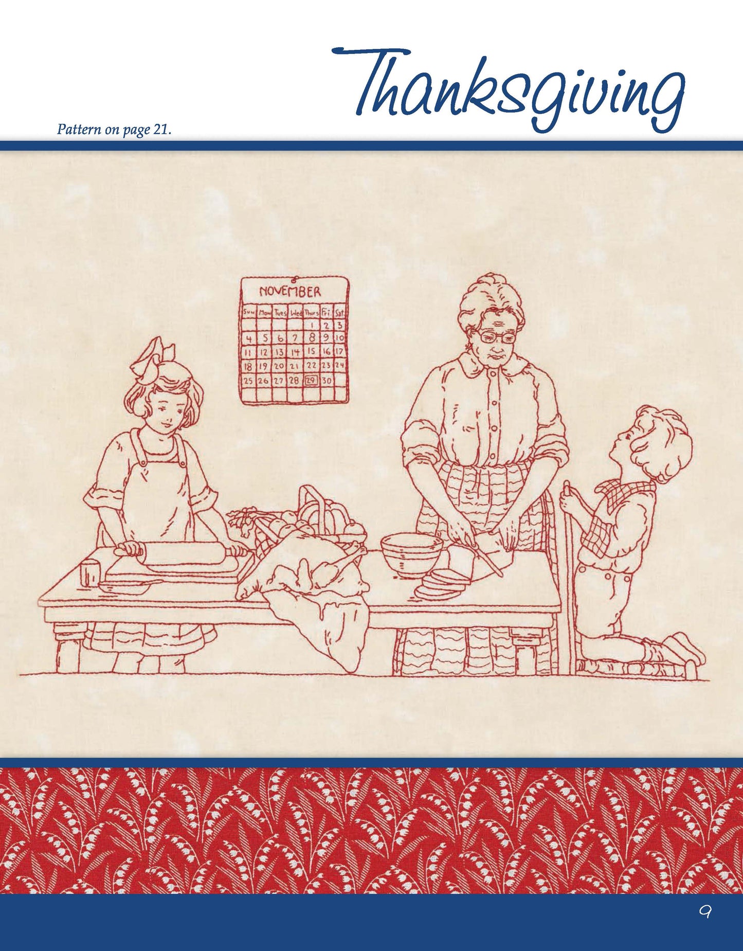 Red line art from Leisure Arts’ Happiness and Cheer Redwork Through the Year shows a woman and two children preparing food at a table in November, with “Thanksgiving” above and folk-art details plus a red border below.