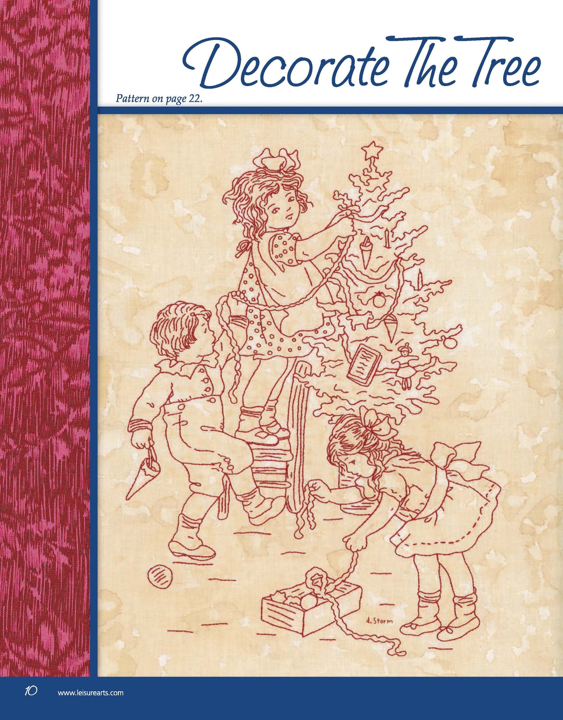 From Leisure Arts, "Happiness and Cheer Redwork Through the Year" features three children decorating a Christmas tree in vintage red line art on beige, surrounded by folk-art motifs—one girl hangs an ornament while another ties a ribbon.