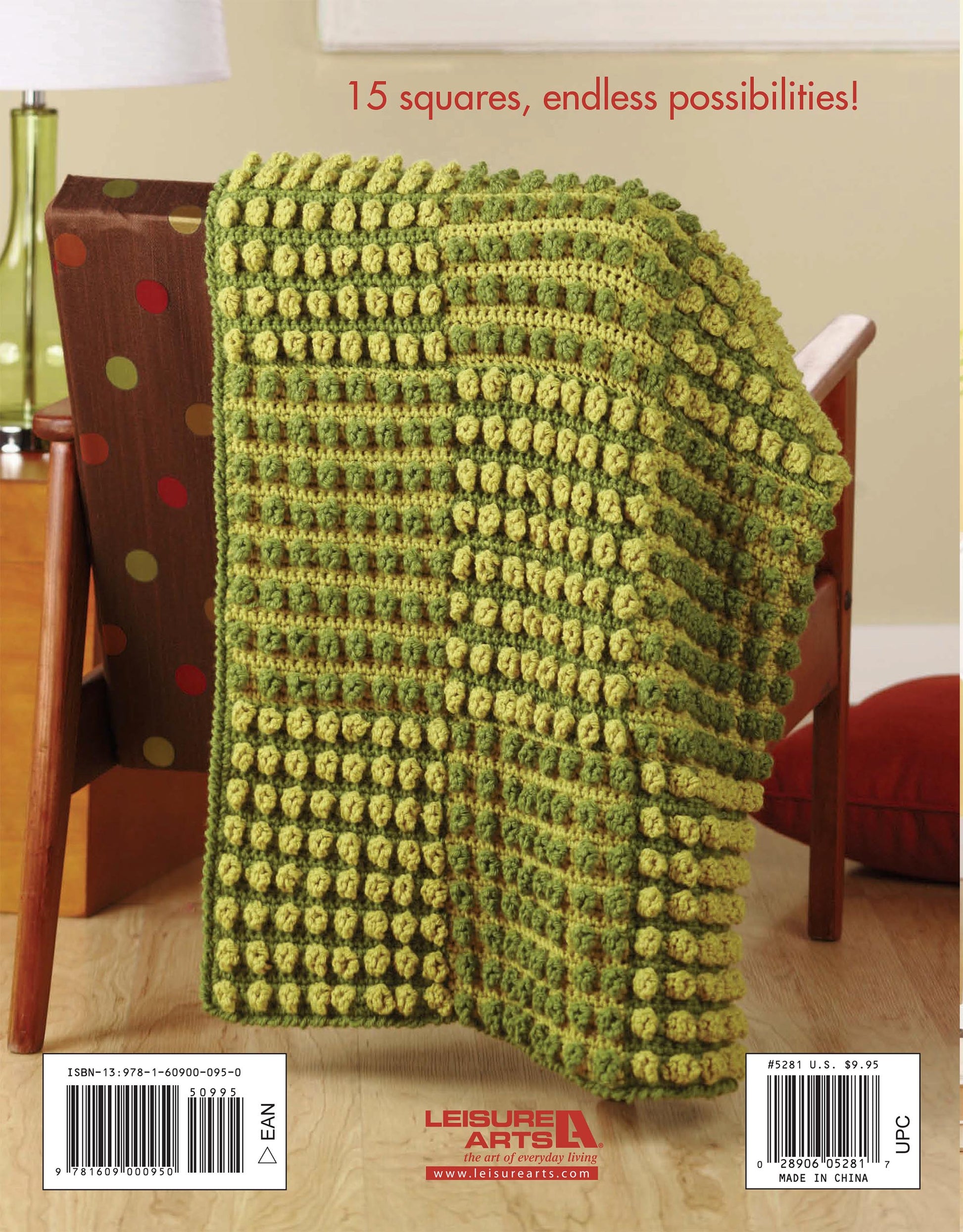 The Hip 2 B Square Throws 4 Home by Leisure Arts features a green and yellow checkered crochet blanket, crafted from medium weight yarn, draped over a modern wooden chair with a brown polka-dot cushion. 15 crochet squares, endless possibilities!.