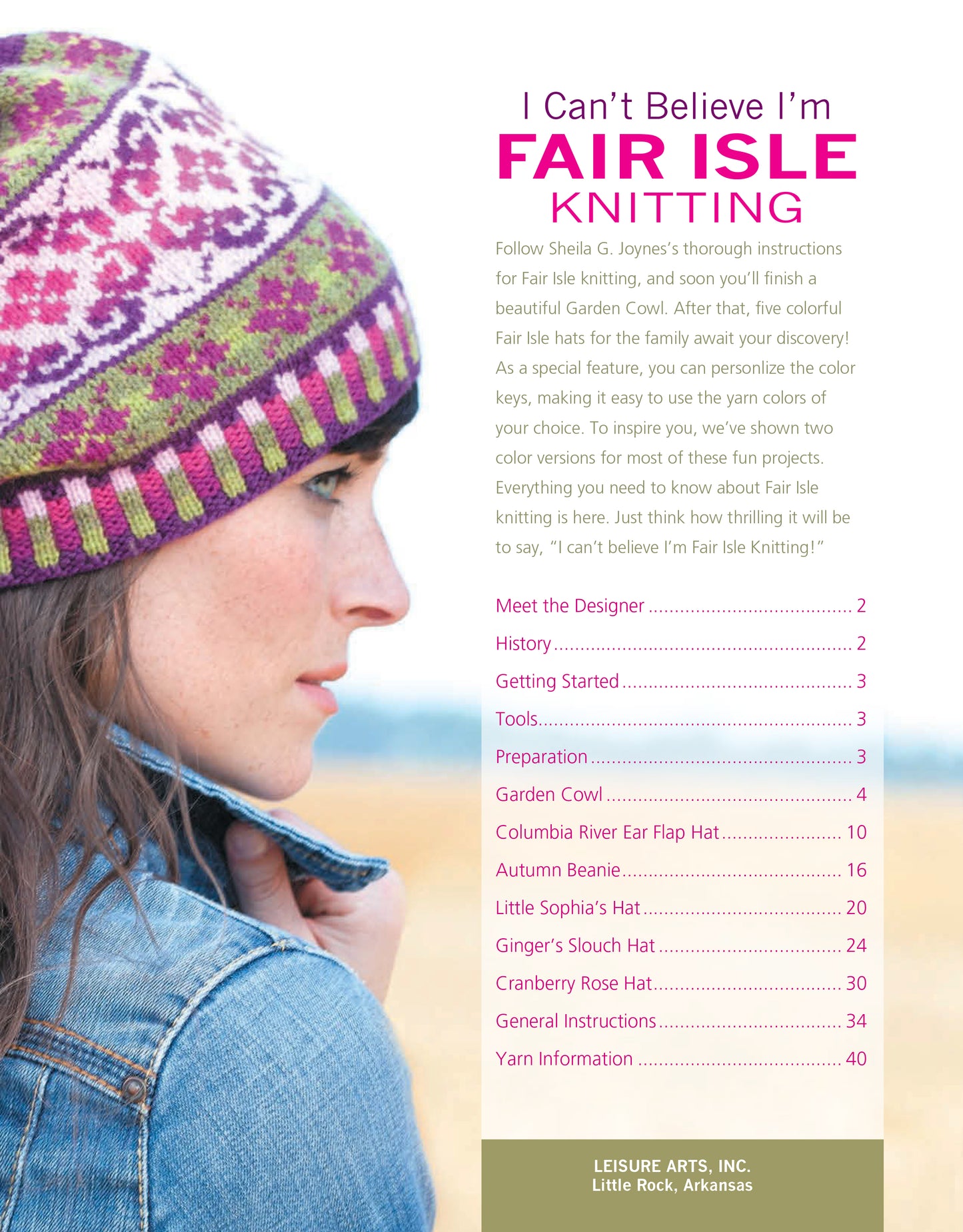 A person wearing Fair Isle knitted accessories holds yarn and needles. The cover of "I Can't Believe I'm Fair Isle Knitting Digital Download" by Leisure Arts highlights winter patterns, skill tips, and lists contents on the right.