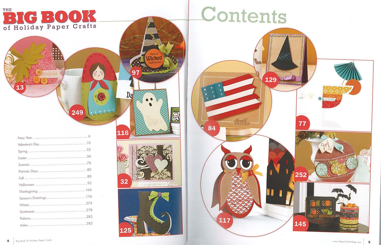 The Big Book of Holiday Paper Crafts by Leisure Arts features a contents page with creative project ideas—Halloween owl, witch hat, ghost bag, patriotic card, and matryoshka doll—plus a holiday-themed table of contents.