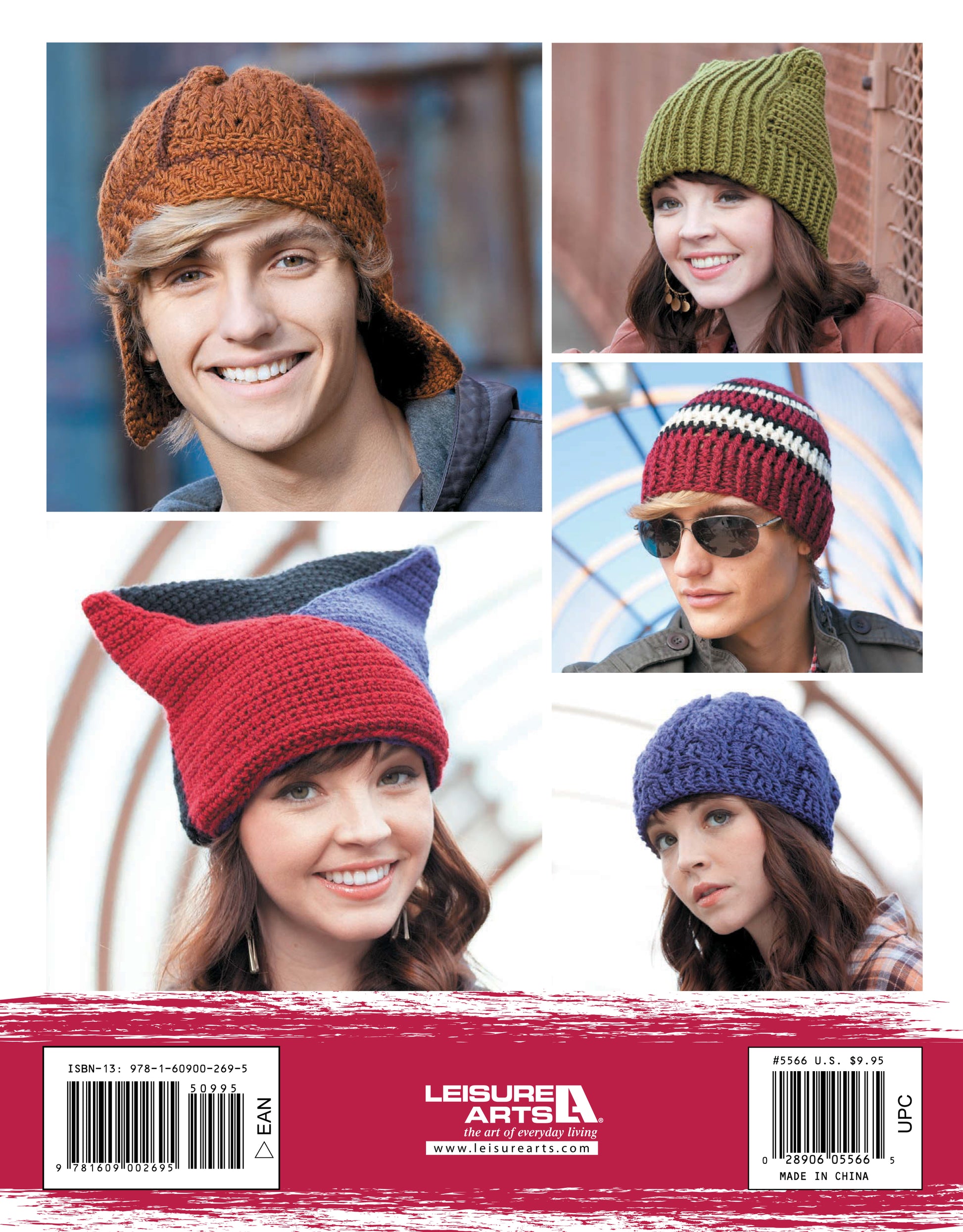 A collage showcases four people wearing colorful crochet hats—beanies and cat-ear styles made with worsted yarn—outdoors, highlighting texture and style. Find inspiration in “Heady Affairs—7 Impetuous Hats to Crochet” from Leisure Arts.