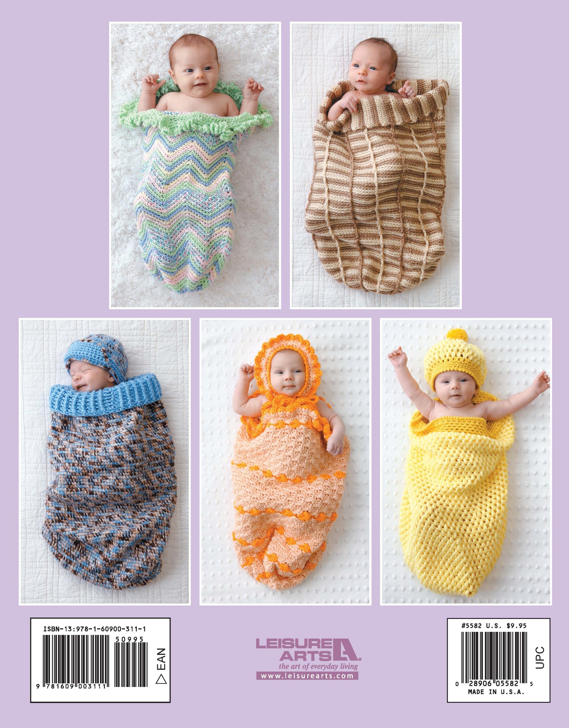 Five babies rest on white blankets, each snug in a colorful Crochet Dreamy Cocoons by Leisure Arts—green, brown, blue, yellow, and orange with matching hats—set against a soft lavender background.