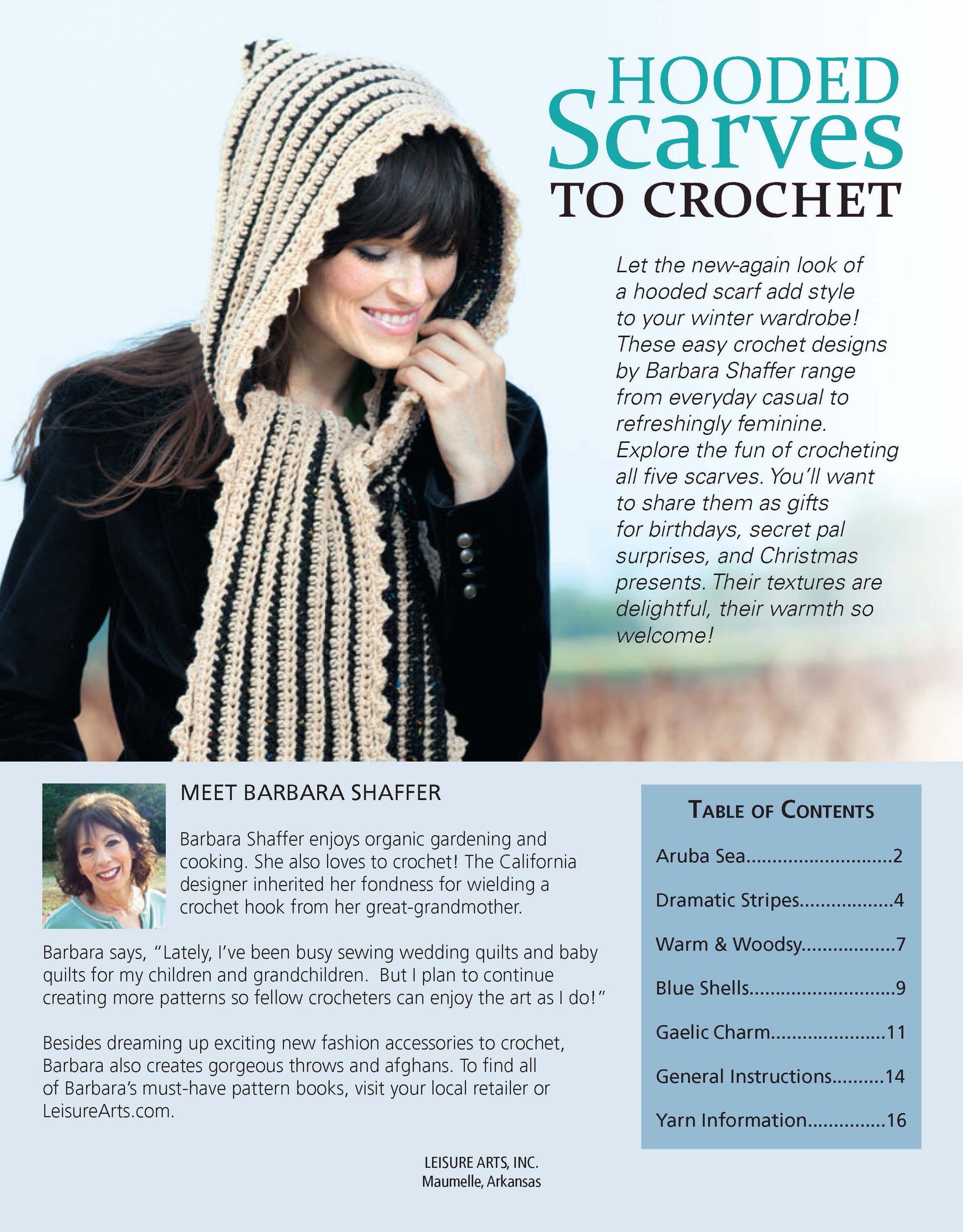A smiling woman models a beige crochet hooded scarf against a light background. The image promotes Leisure Arts' "Hooded Scarves Digital Download," which features beginner-friendly patterns plus a table of contents and author bio.