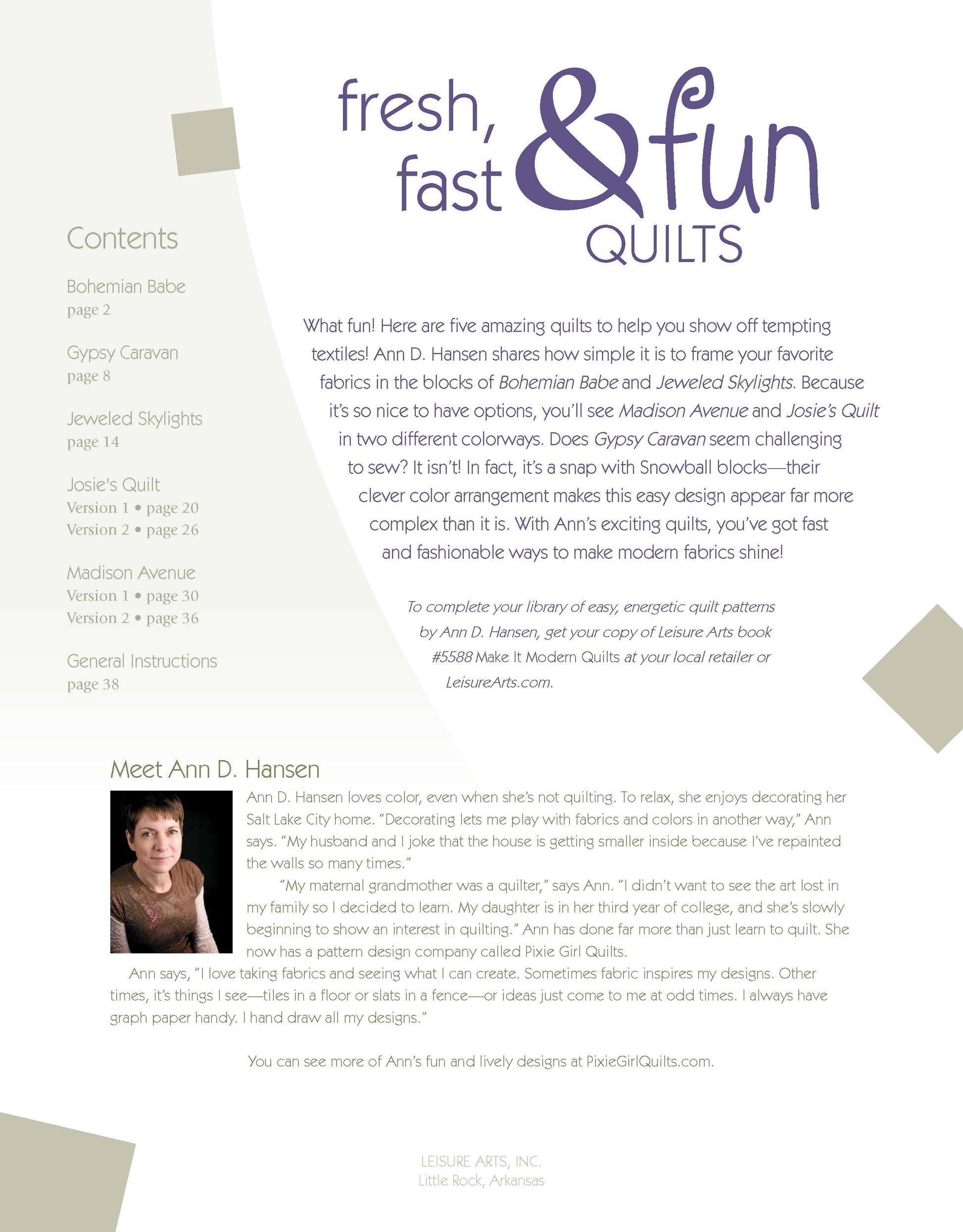 A clean, colorful magazine page for "Fresh, Fast & Fun Quilts" by Leisure Arts features the title, a table of contents, intro to modern quilting patterns with step-by-step instructions, plus a photo and bio of designer Ann D. Hansen.