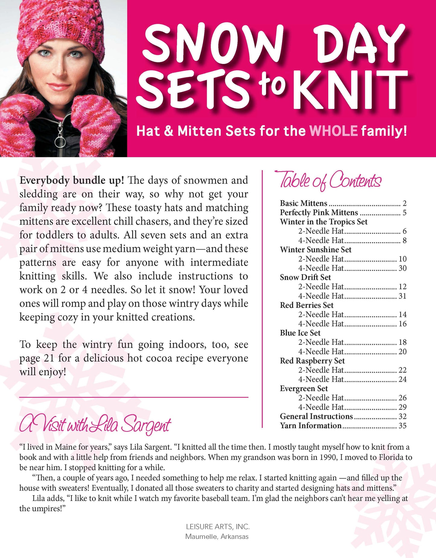 A colorful page titled "Snow Day Sets to Knit" by Leisure Arts shows a woman in a pink hat and mittens, featuring mitten patterns, knitting tips, a table of contents, and an intro to designer Lila Sargent.