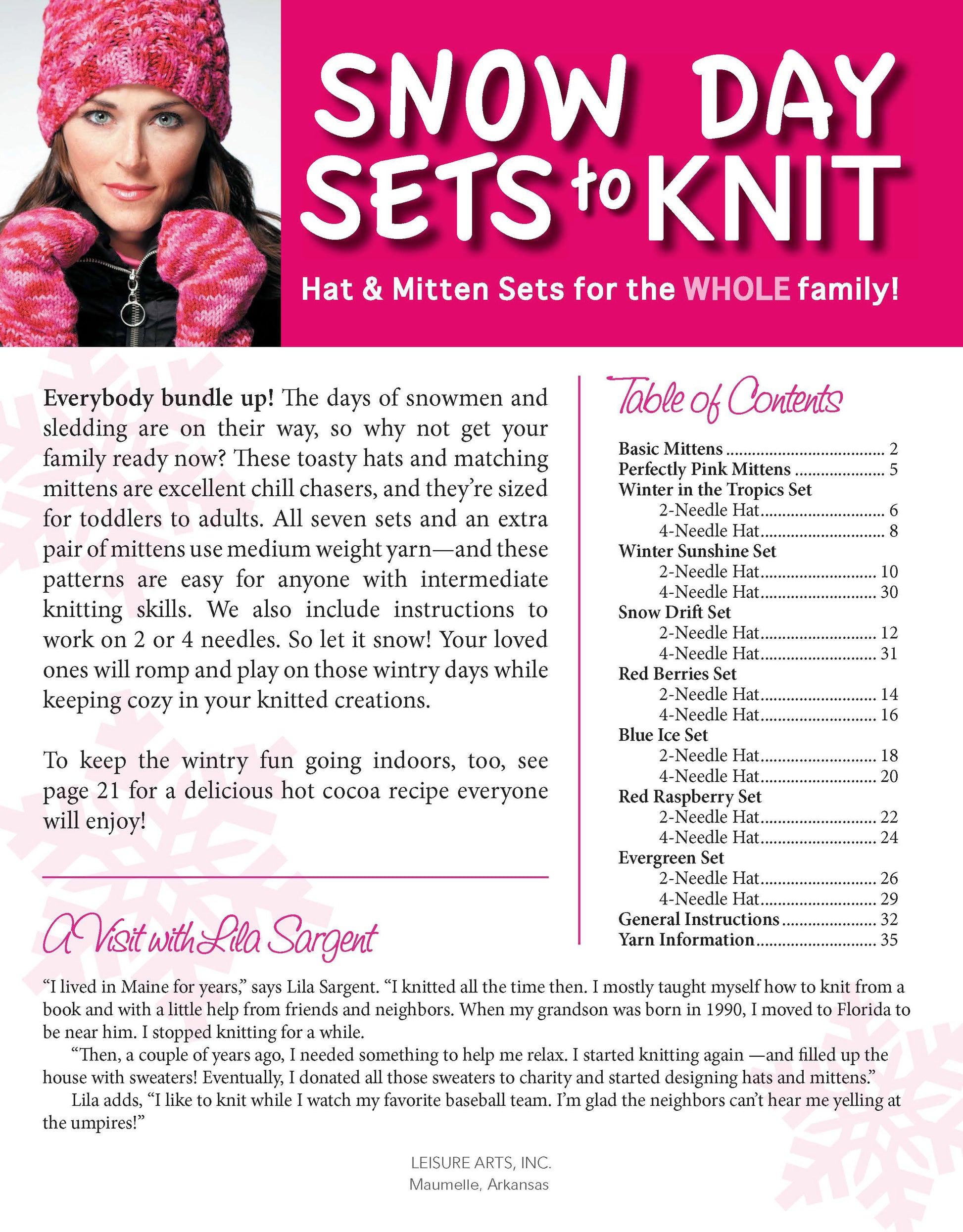 A colorful page titled "Snow Day Sets to Knit" by Leisure Arts shows a woman in a pink hat and mittens, featuring mitten patterns, knitting tips, a table of contents, and an intro to designer Lila Sargent.