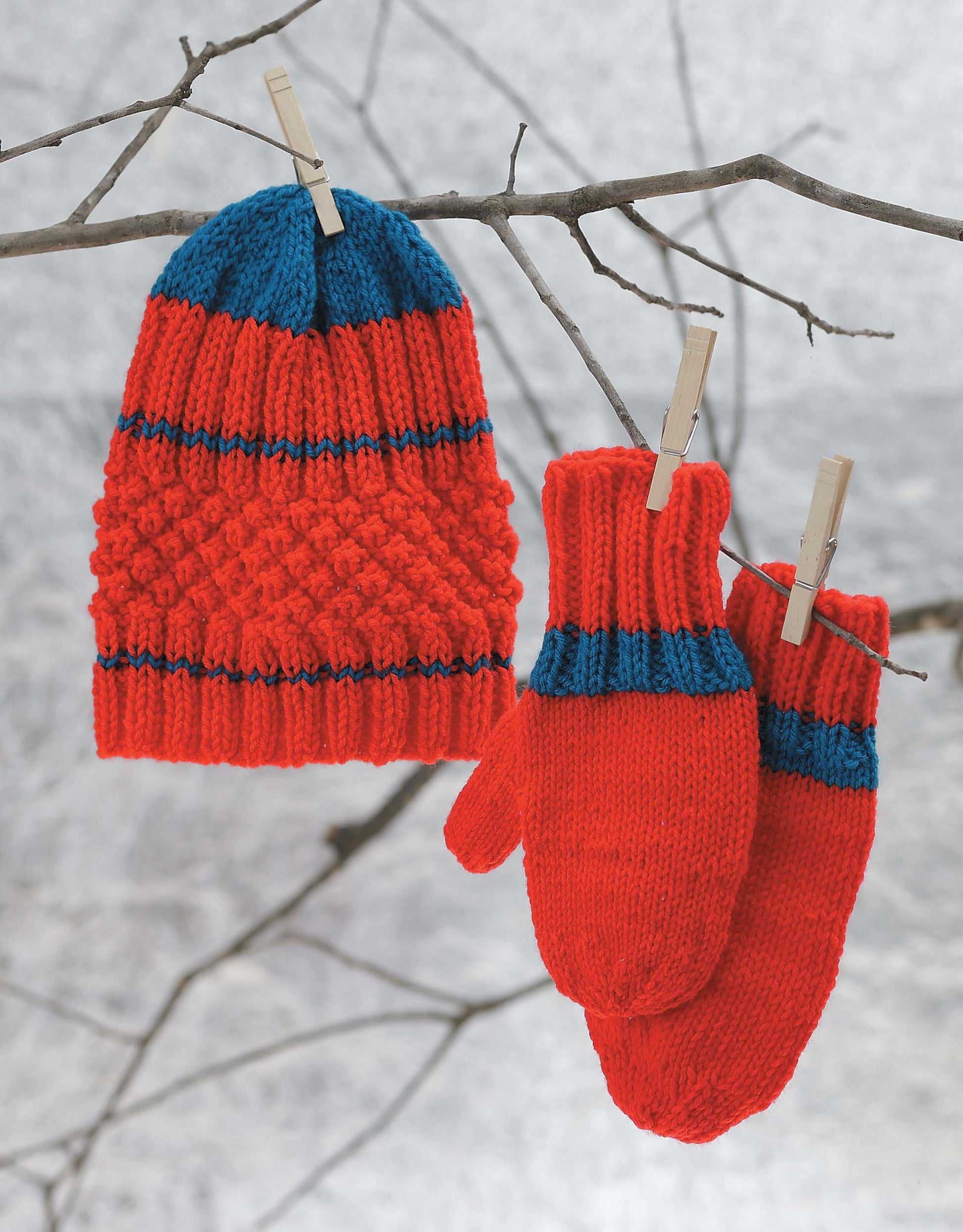 The Leisure Arts "Snow Day Sets to Knit" features a bright red and blue worsted weight hat and matching mittens hanging from a tree branch with clothespins, set against a softly blurred, wintry gray background.