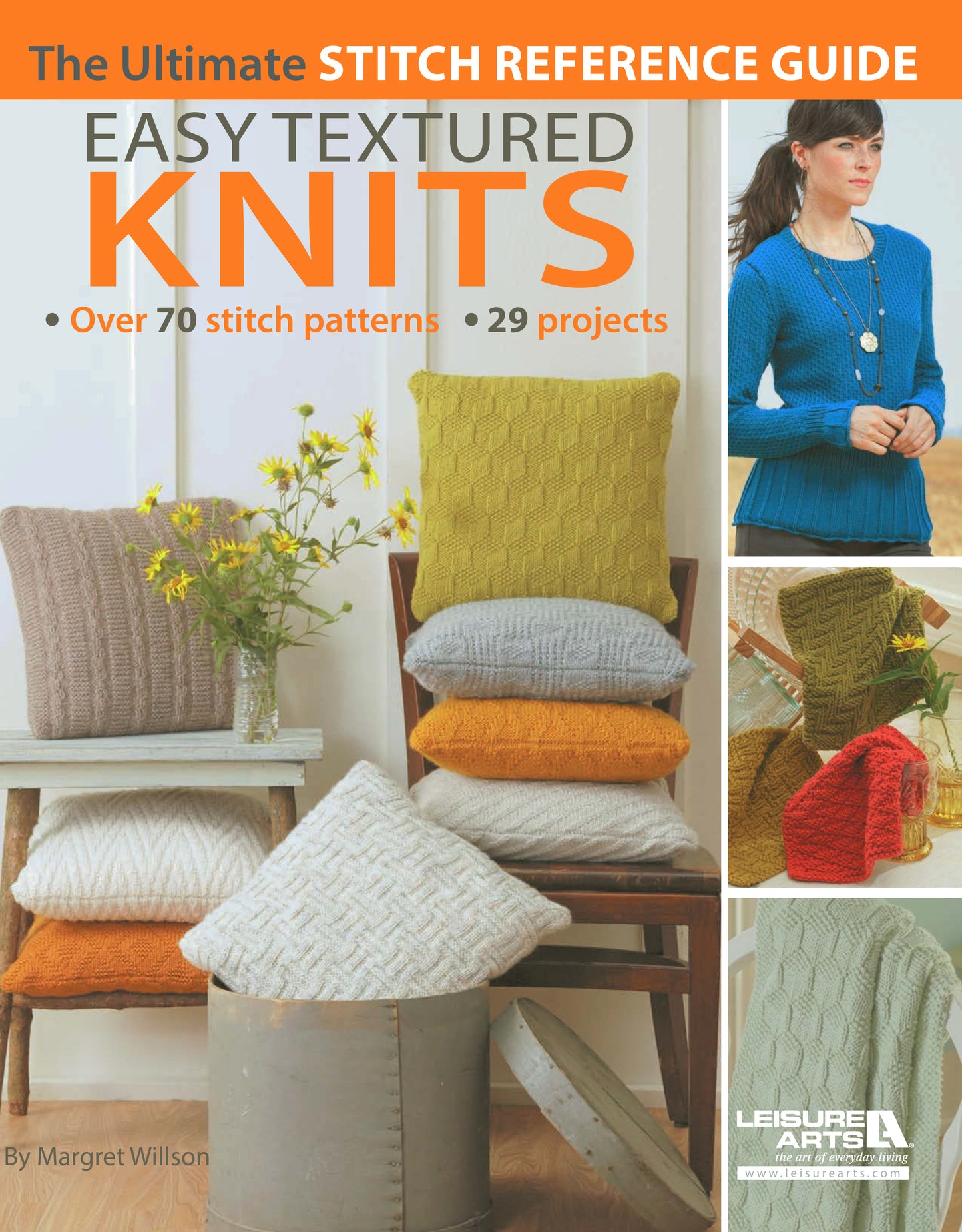 Cover of Easy Textured Knits Digital Download by Leisure Arts features stacked colorful knitted pillows, inset images of a woman in a blue sweater, close-ups of textured projects, and text highlighting 70+ stitch patterns and 29 knitting projects.
