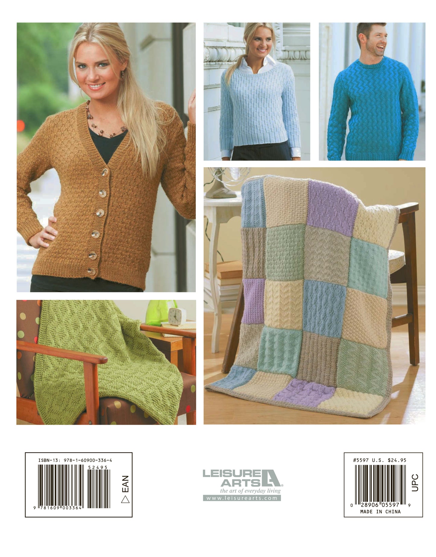 Leisure Arts’ Easy Textured Knits Digital Download features five projects: a woman in a brown cardigan, a man in a light blue sweater, a green cabled throw, a pastel patchwork blanket, and another textured knit.