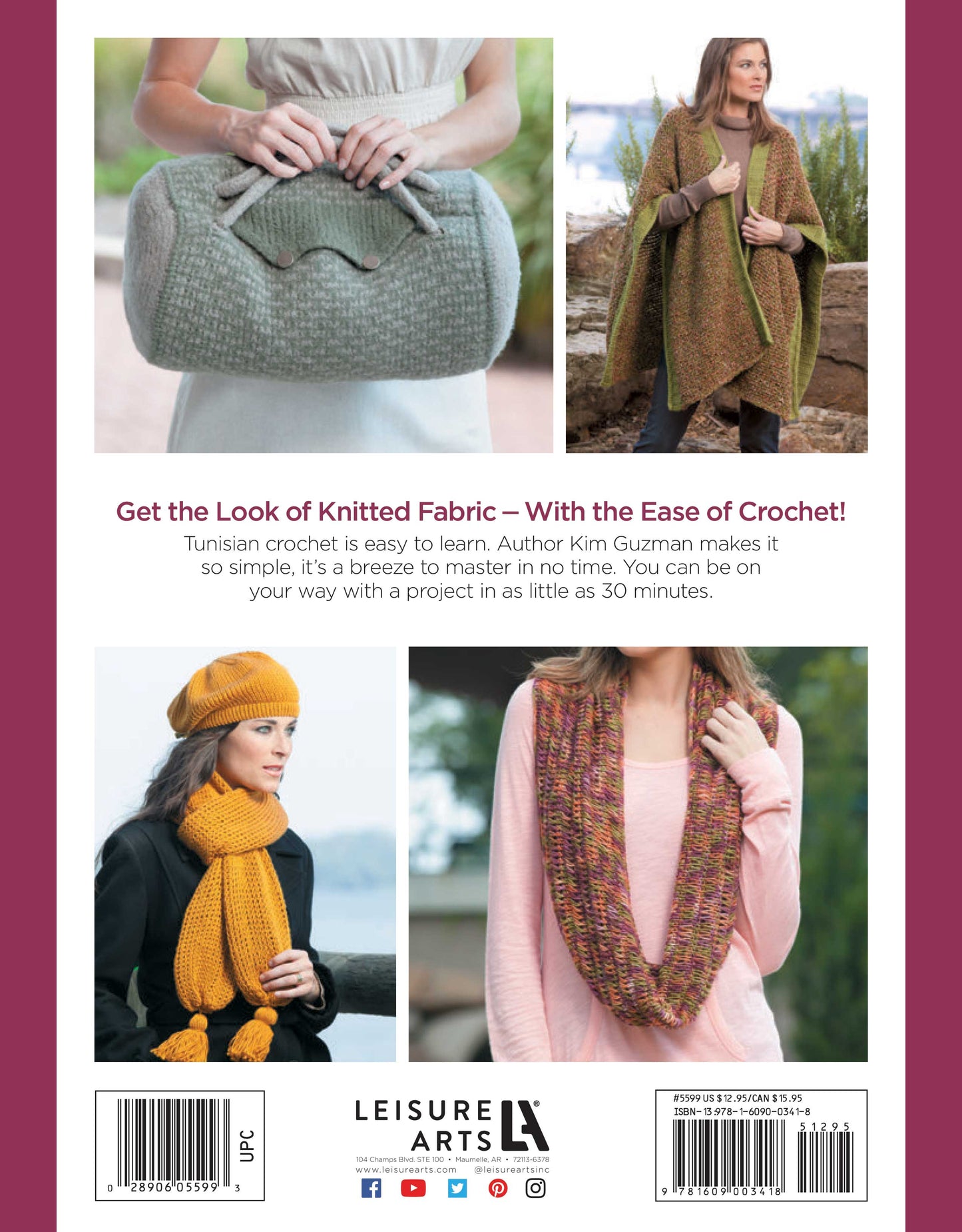Four women model Tunisian crochet pieces—a green bag, brown cape, yellow hat and scarf set (medium weight yarn), and a multicolor infinity scarf. The Leisure Arts Ultimate Beginner's Guide to Tunisian Crochet gives project details.