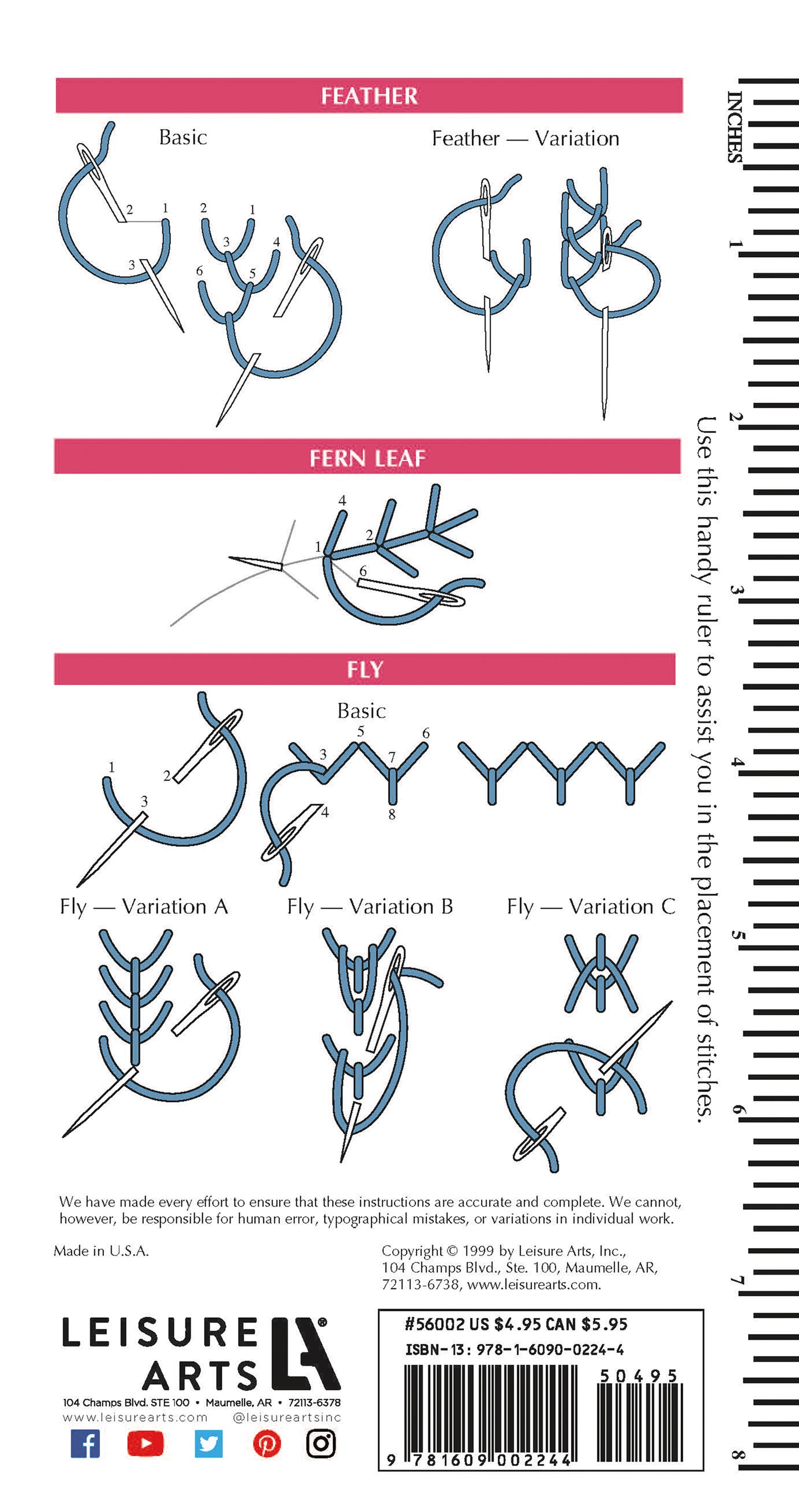 The Crazy Quilt Stitches Pocket Guide Digital Download by Leisure Arts features step-by-step diagrams for feather, fern leaf, and fly stitches—ideal for beginners—with clear needle and thread illustrations on a white background and Leisure Arts branding.