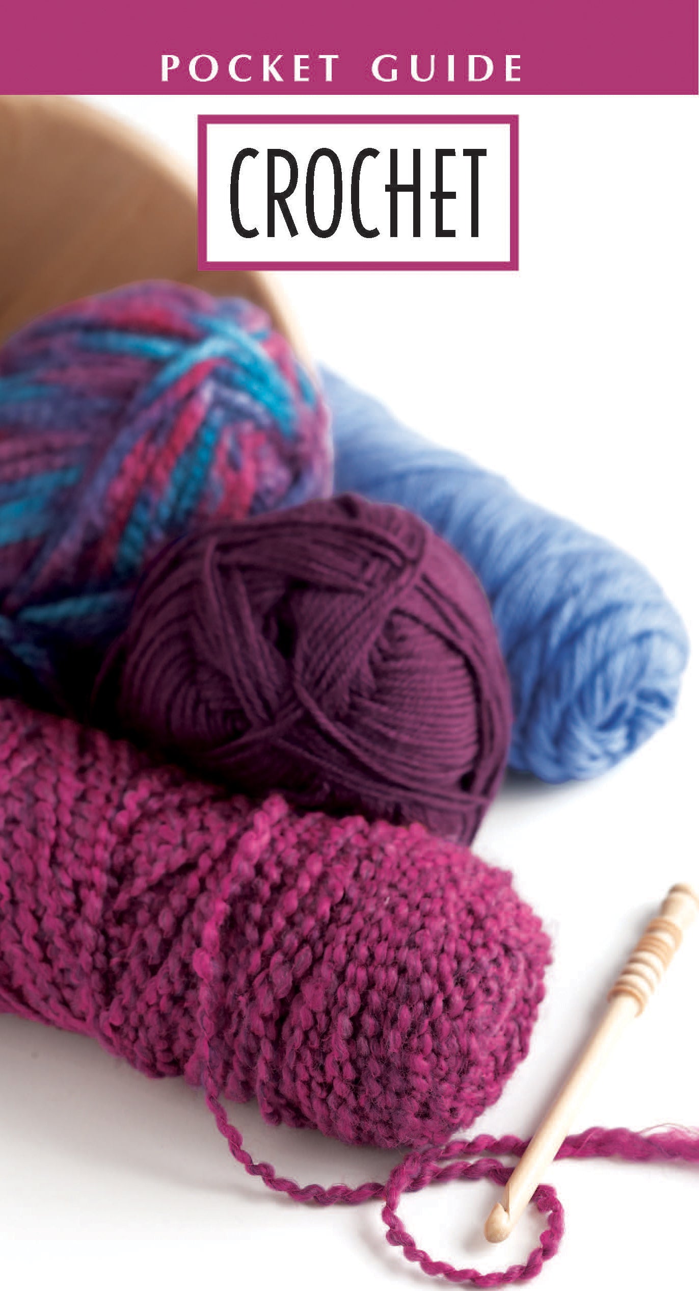 Three skeins of purple, blue, and multicolor yarn with a wooden crochet hook are displayed beside the Leisure Arts Crochet Pocket Guide Digital Download—an ideal pocket-size reference for beginner crocheters.
