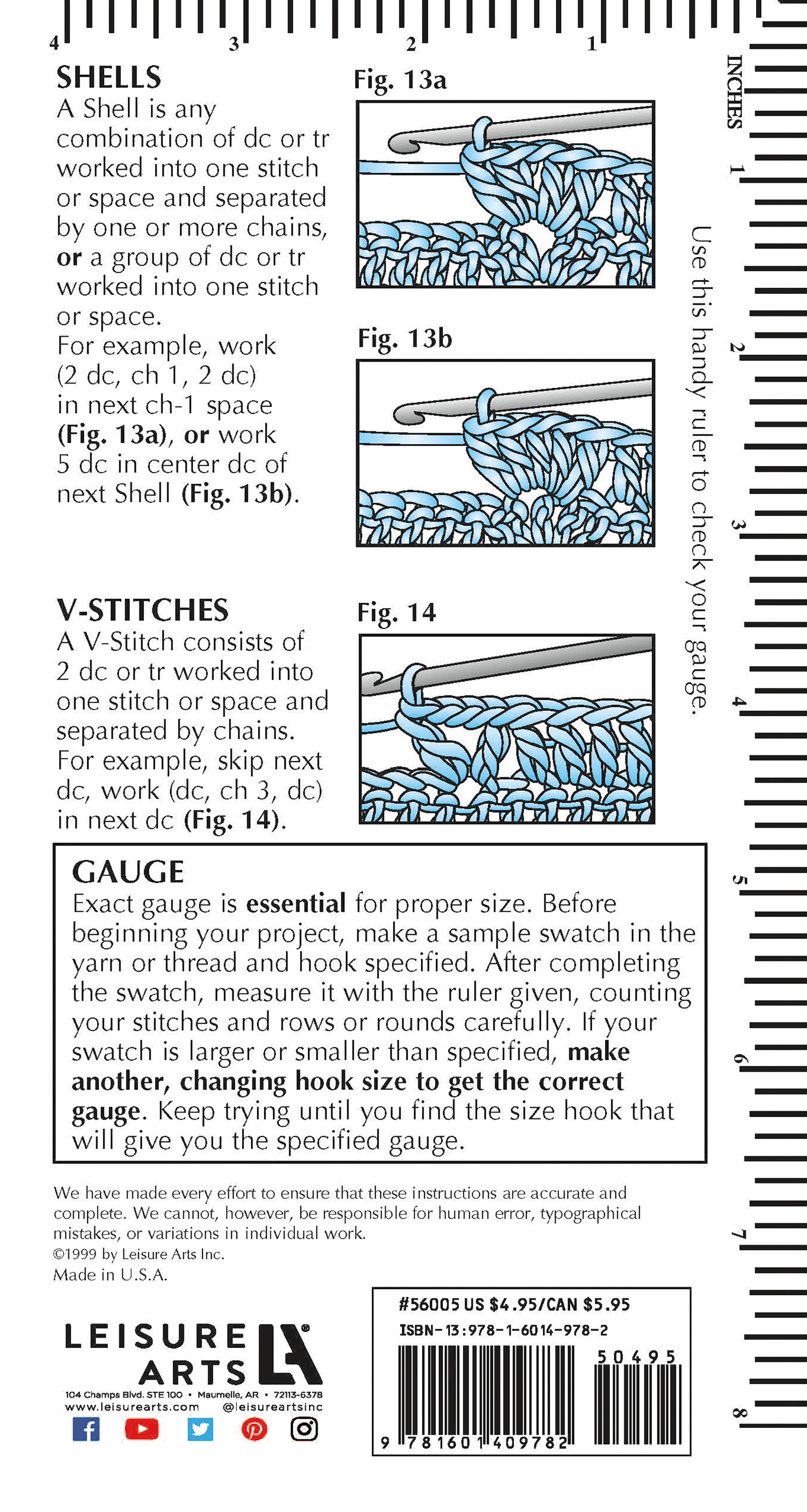 Back cover of the Crochet Pocket Guide Digital Download by Leisure Arts. Features stitch diagrams for shells and V-stitches, clear instructions, and a printable ruler for checking gauge—perfect for learning essential crochet stitches anywhere.