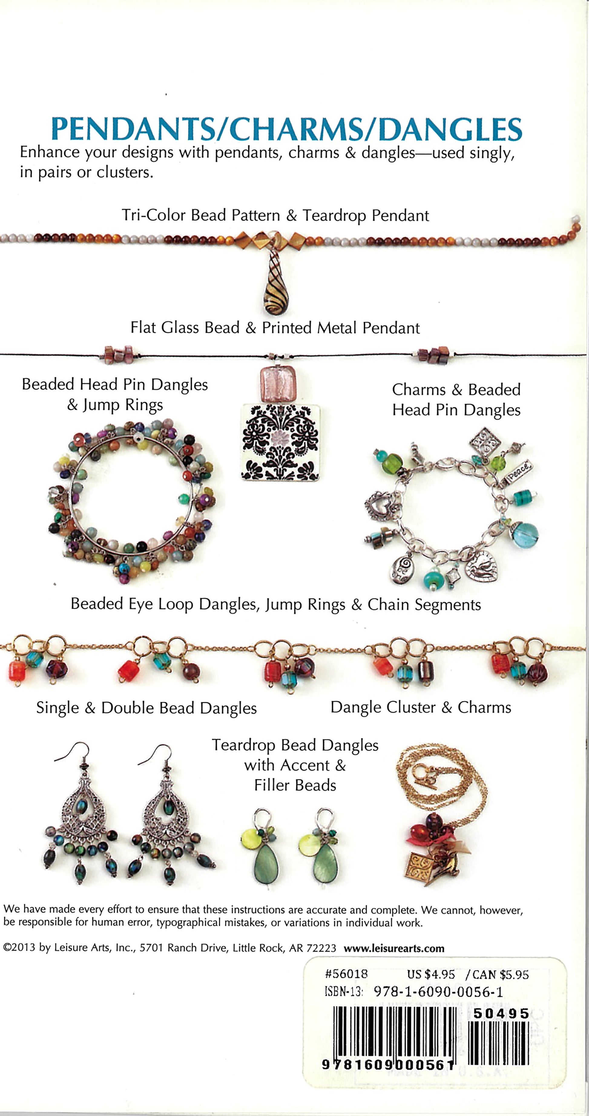 The image shows the back cover of the Beading Pocket Guide Digital Download by Leisure Arts, ideal for beginners, featuring colorful necklaces, bracelets, and earrings with beads, pendants, and charms on a white background with descriptive text.