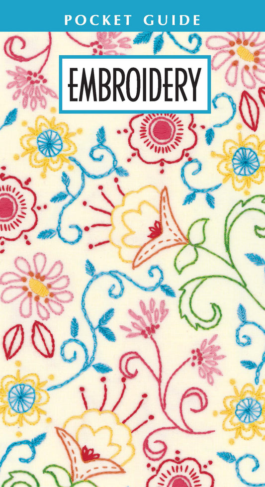 The Embroidery Pocket Guide Digital Download by Leisure Arts displays vibrant floral embroidery patterns in red, yellow, blue, green, and pink on a light cream cover—ideal for beginners learning stitching basics.