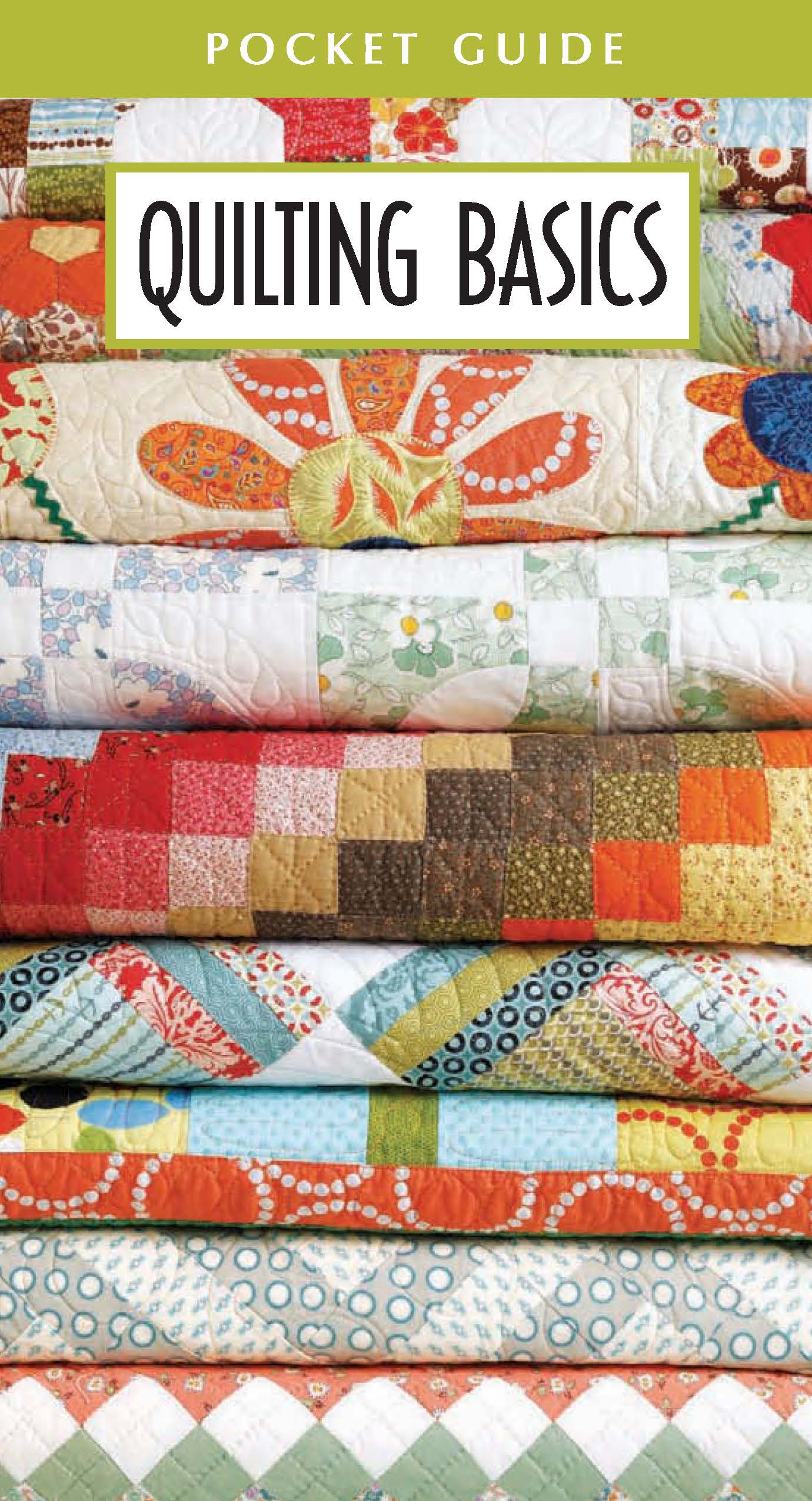 The cover of the Leisure Arts Quilting Basics Pocket Guide Digital Download shows a stack of vibrant quilts in floral and geometric patterns. This pocket guide is available as a convenient digital download.