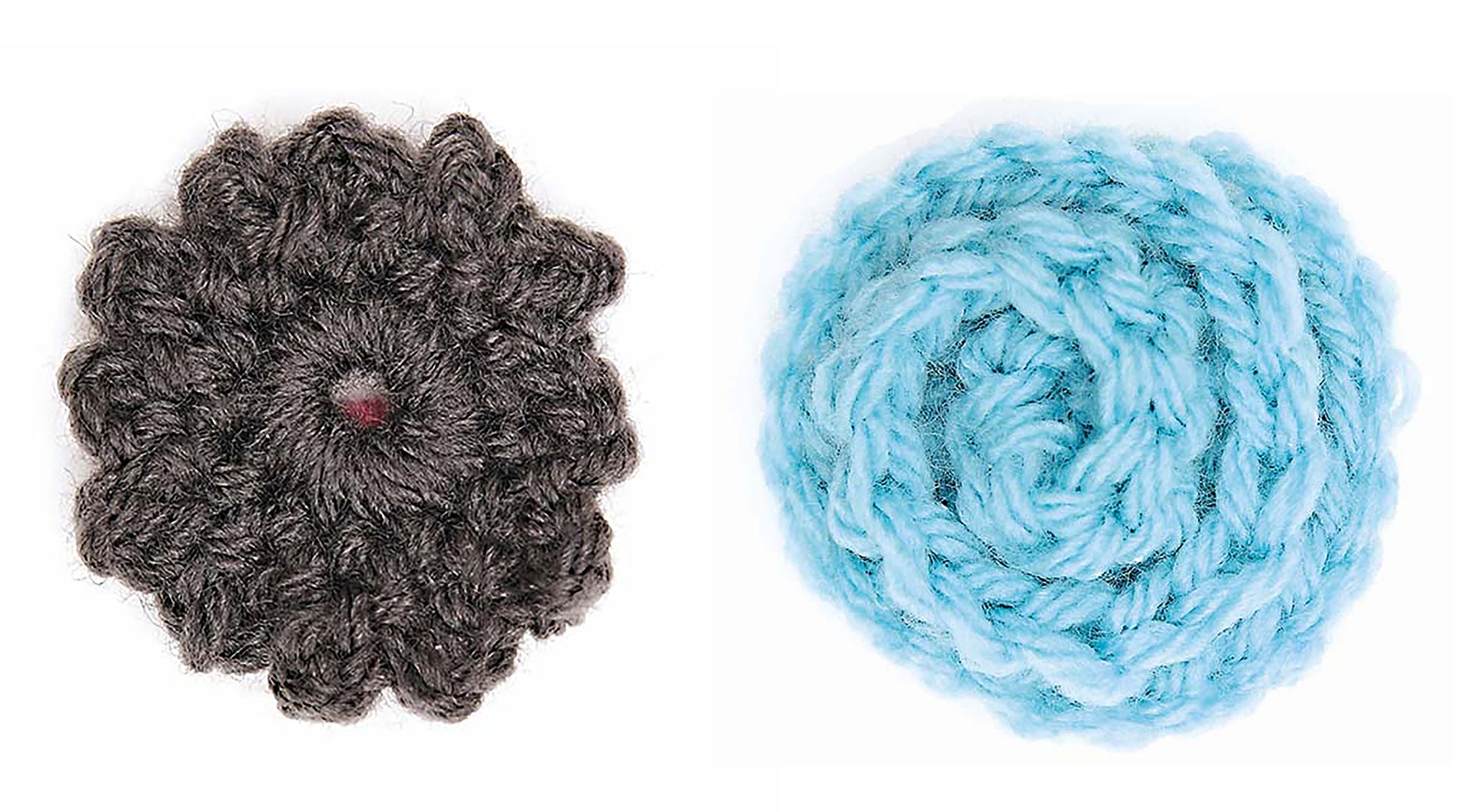 Two crocheted flowers—one dark gray with a visible center, one light blue with a spiral pattern—are shown on white. Ideal for beginner crafters, Crochet Embellishments by Leisure Arts offers creative inspiration.