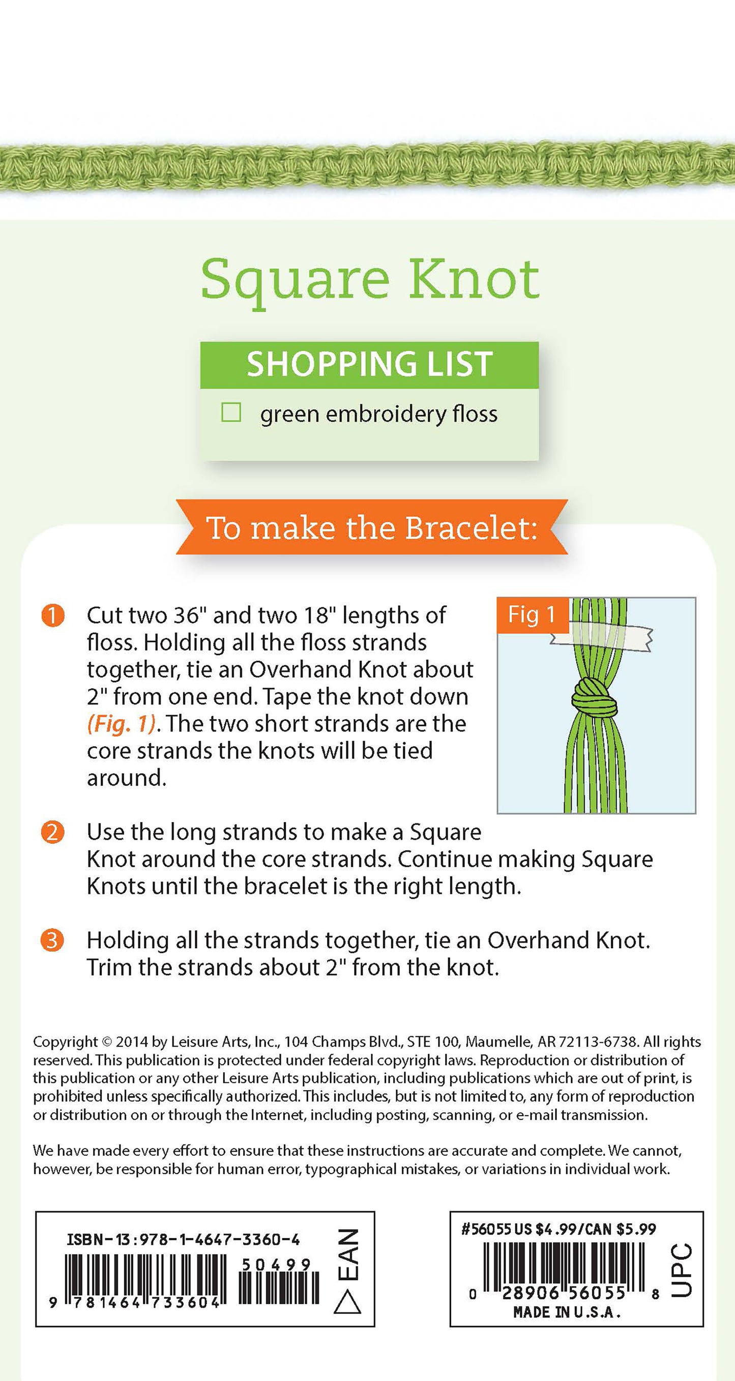 The Friendship Bracelets Digital Download from Leisure Arts includes a step-by-step square knot bracelet guide, a supply list for green embroidery floss, clear written directions, an illustrated Fig 1, and copyright info—ideal for any kids pocket guide.