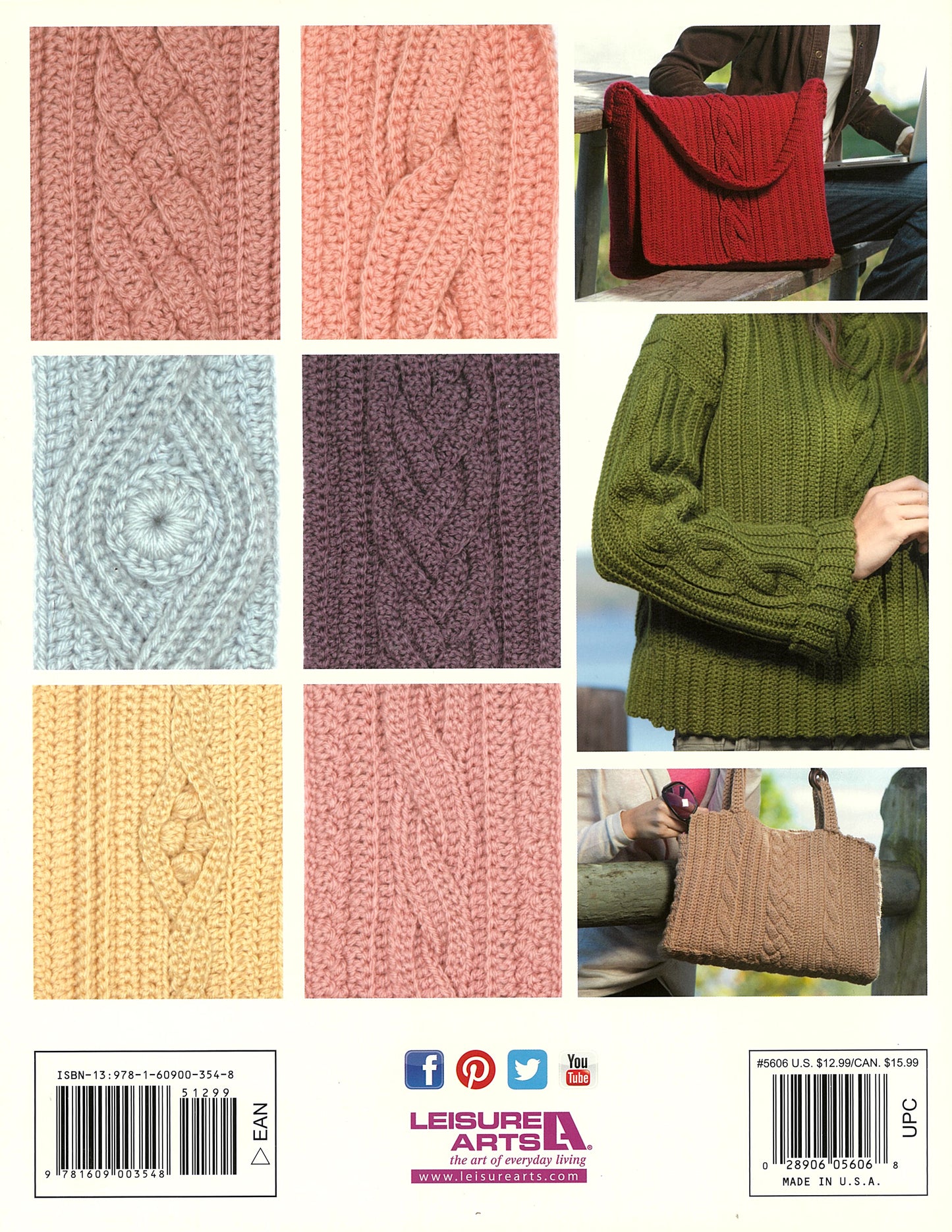 A collage of eight colorful knit patterns, featuring two cable-knit bags and a green sweater, offers crochet inspiration using "Add-On Crochet Cables" by Leisure Arts—ideal for creating stylish fashion accessories.