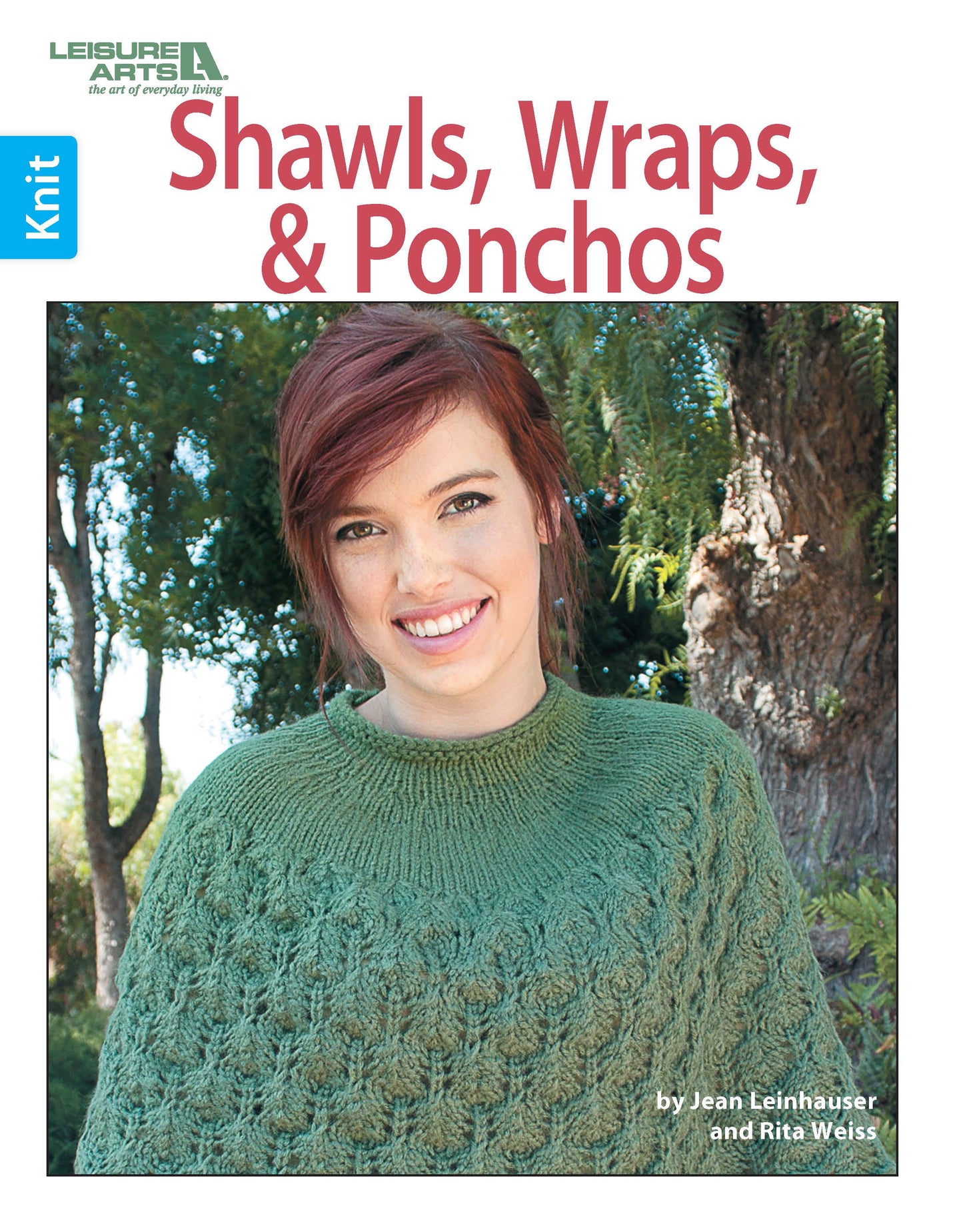 A smiling red-haired woman models a chunky green knit poncho. The cover text reads "Shawls, Wraps, & Ponchos to Knit" from Leisure Arts, featuring easy knitting projects and patterns by Jean Leinhauser and Rita Weiss.