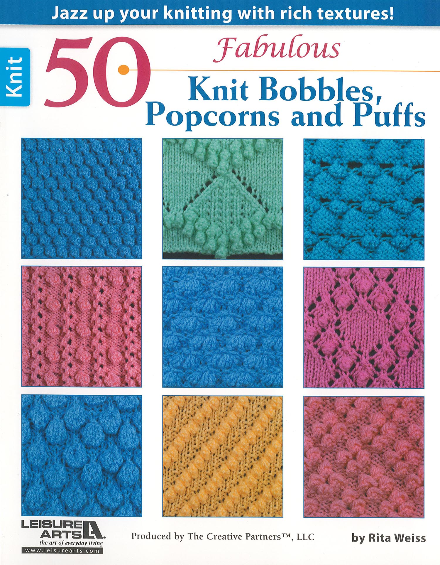 The book cover for "50 Fabulous Knit Bobbles, Popcorns and Puffs" by Leisure Arts displays nine vibrant textured knit patterns in pink, blue, green, and orange squares.
