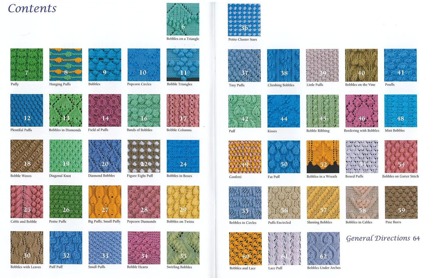 The contents page of "50 Fabulous Knit Bobbles, Popcorns and Puffs" by Leisure Arts displays numbered swatches of textured knitting patterns—like Popcorn Cables, Diamond Bobbles, and Bobbles in Circles—arranged in a two-page grid.